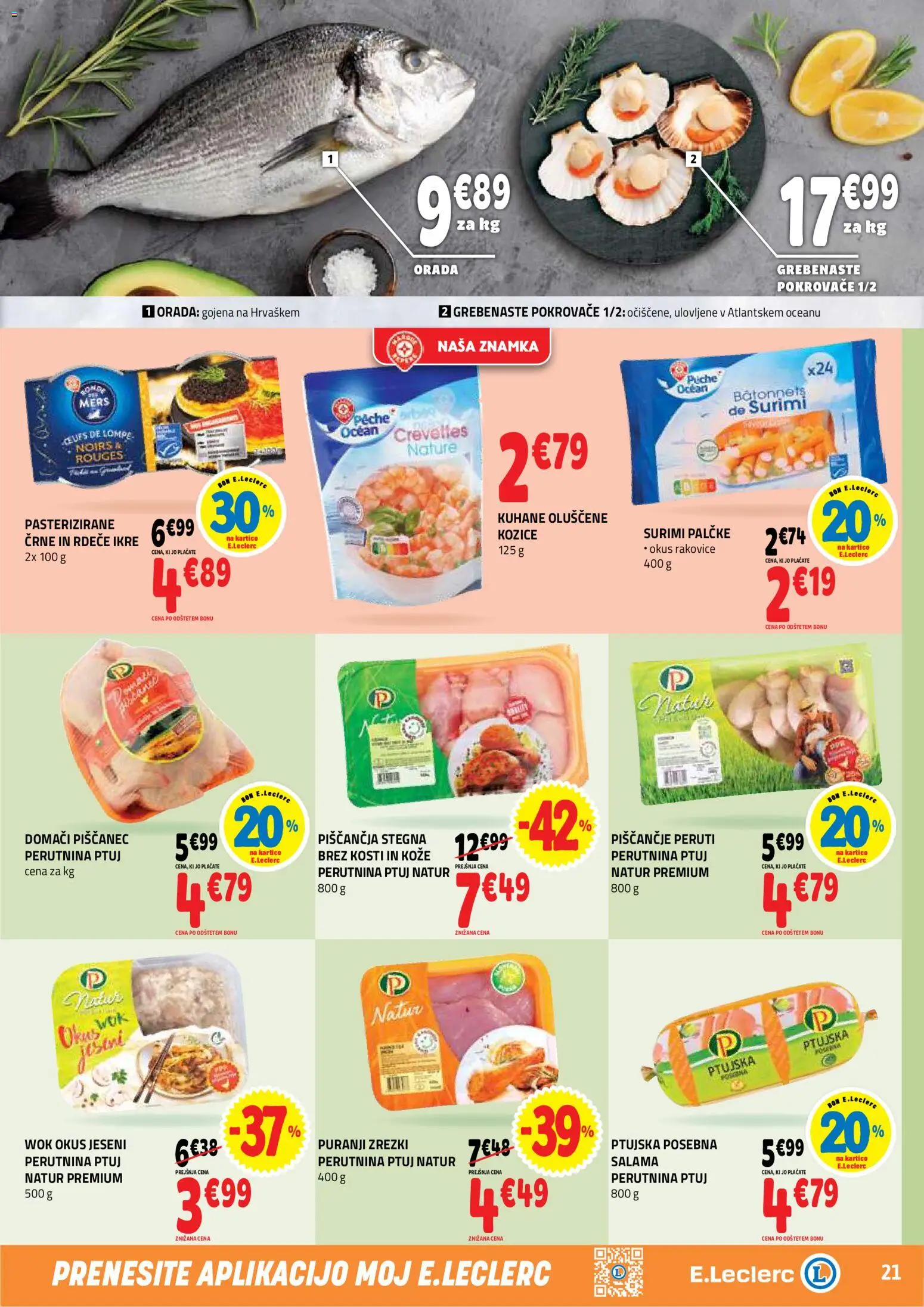 Novi E.leclerc katalog ponudbe – veljaven od 18.03.2026 | Stran: 21 | Izdelki: Kozice, Zrezki, Orada, Salama