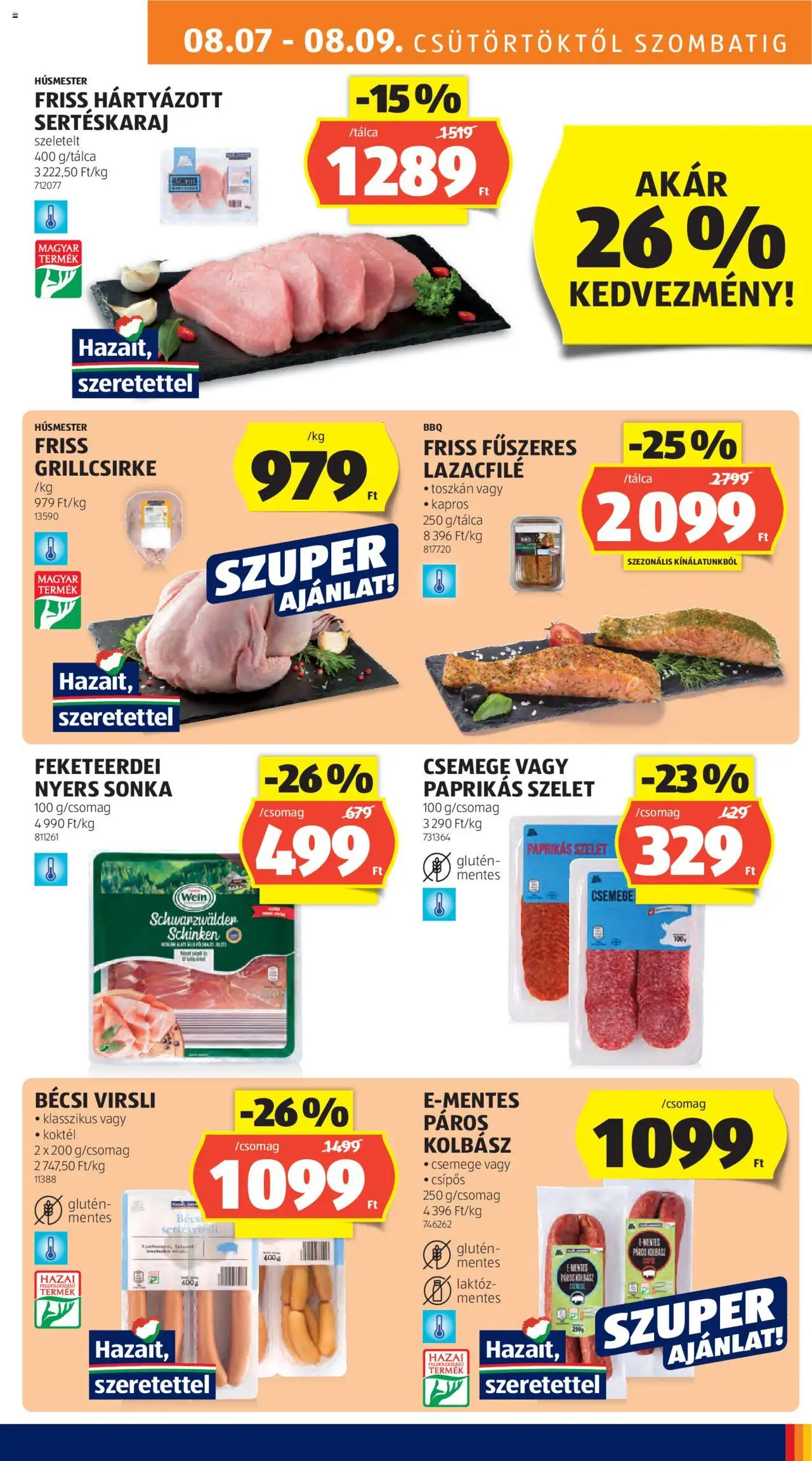 Aldi akciós ujság - amely érvényes a következő dátumtól: 07.08.2025 | Oldal: 11 | Termékek: Virsli, Grillcsirke, Lazacfilé, Sonka
