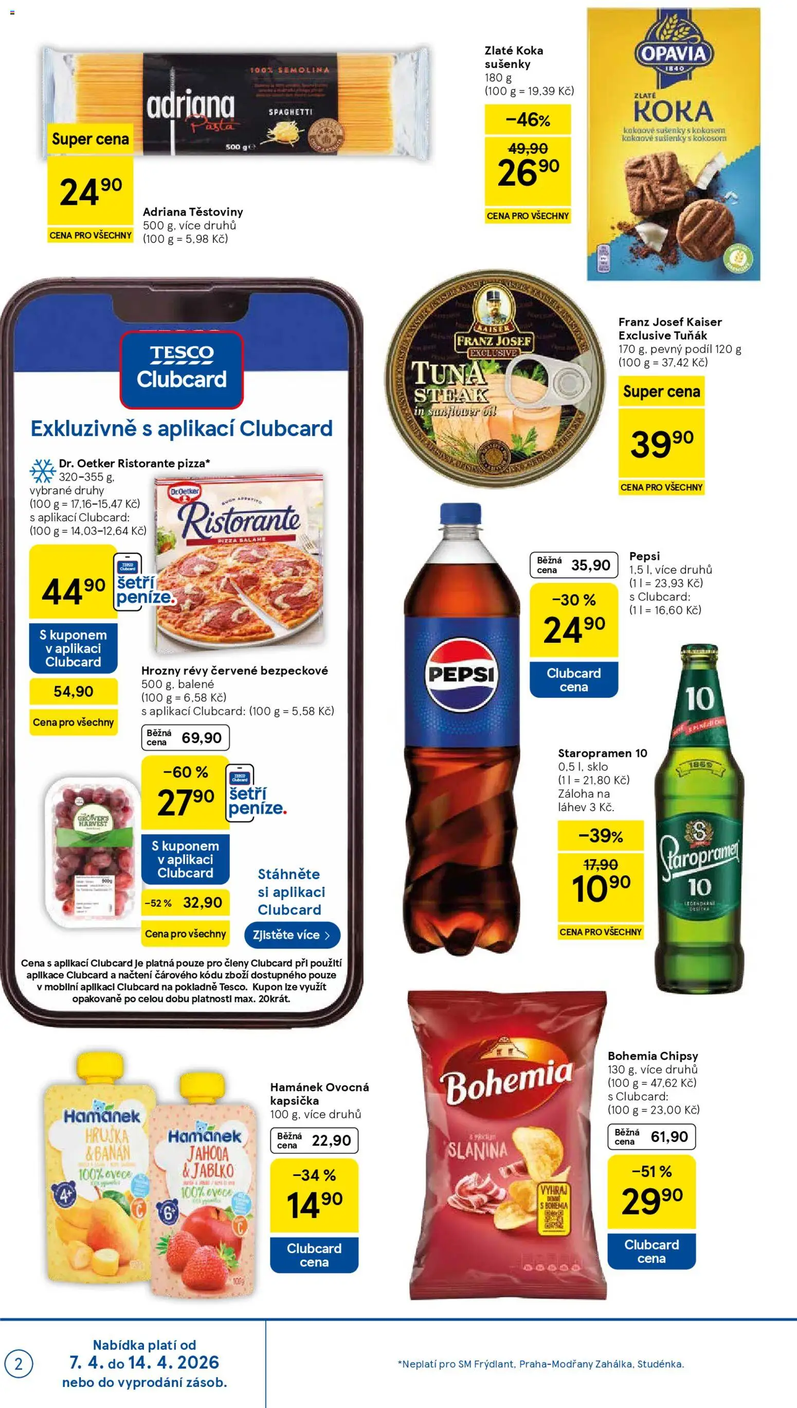 Tesco leták - Supermarket od 07.04.2026 | Strana: 2 | Produkty: Tuňák, Těstoviny, Cookies, Hrozny