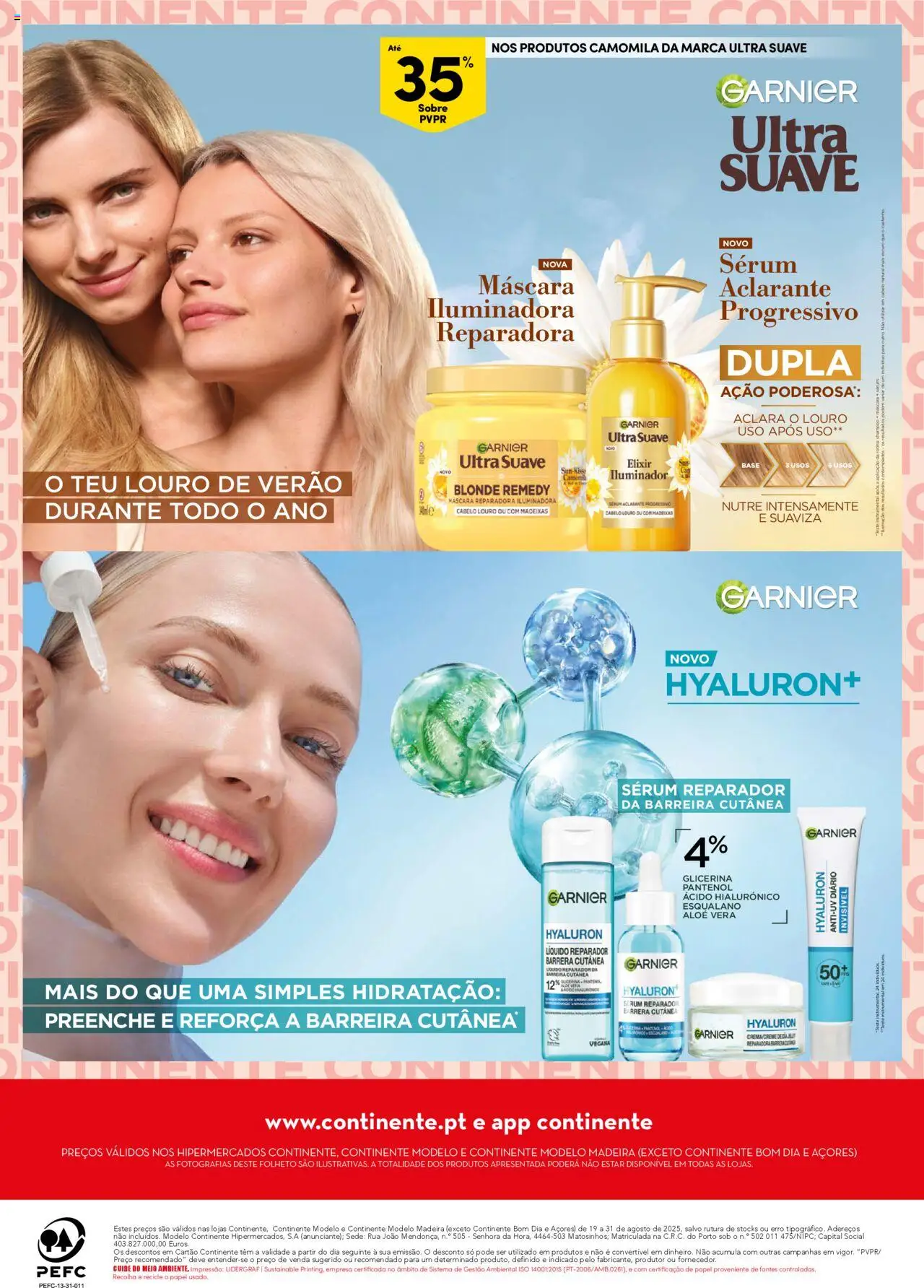 Continente Beleza │ válido de 19.08.2025 | Página: 20 | Produtos: Iluminador, Shampoo, Base, Sérum