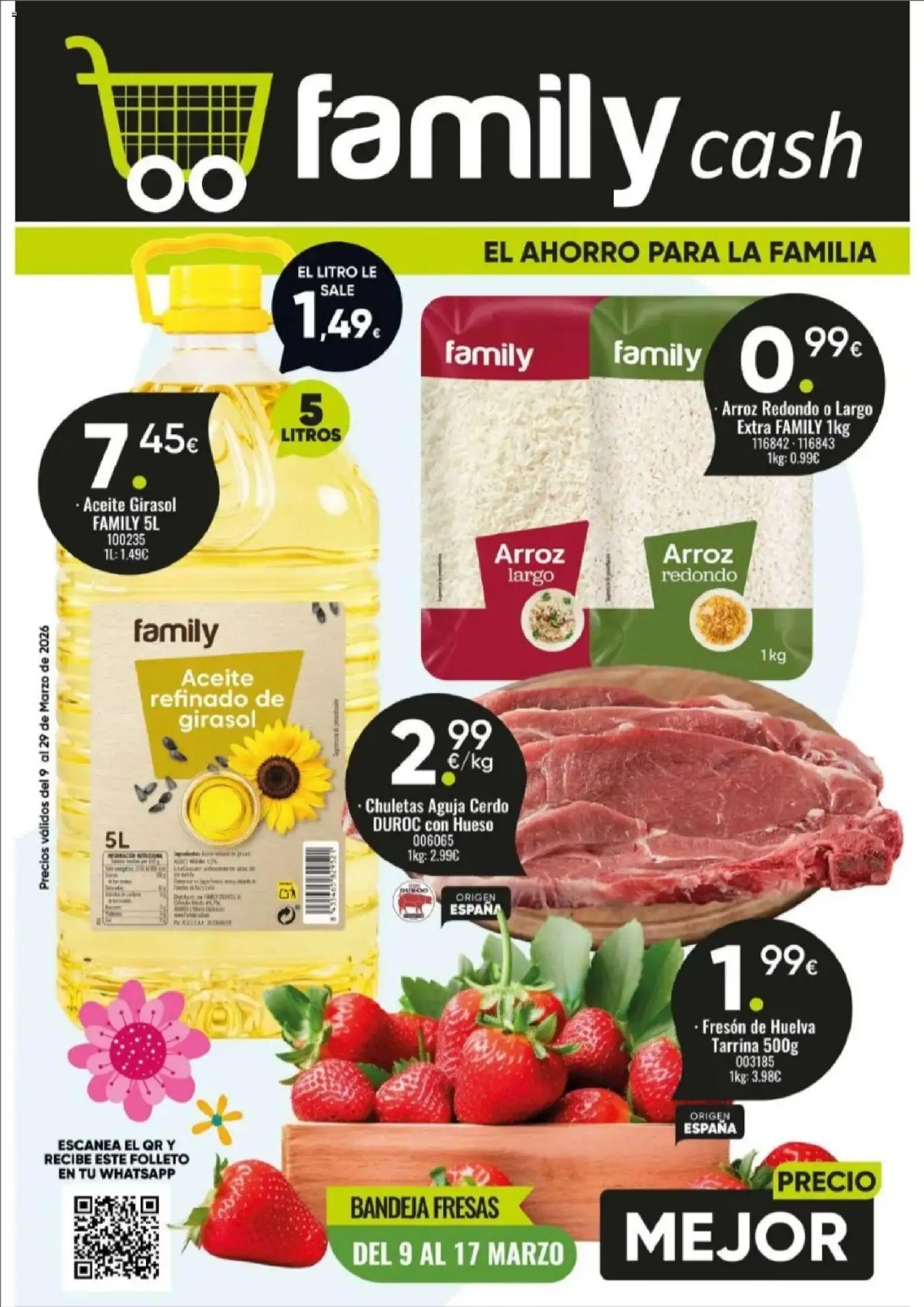 Family Cash folleto │ válido desde el 09.03.2026 | Página: 1 | Productos: Cerdo, Arroz, Fresas, Bandeja