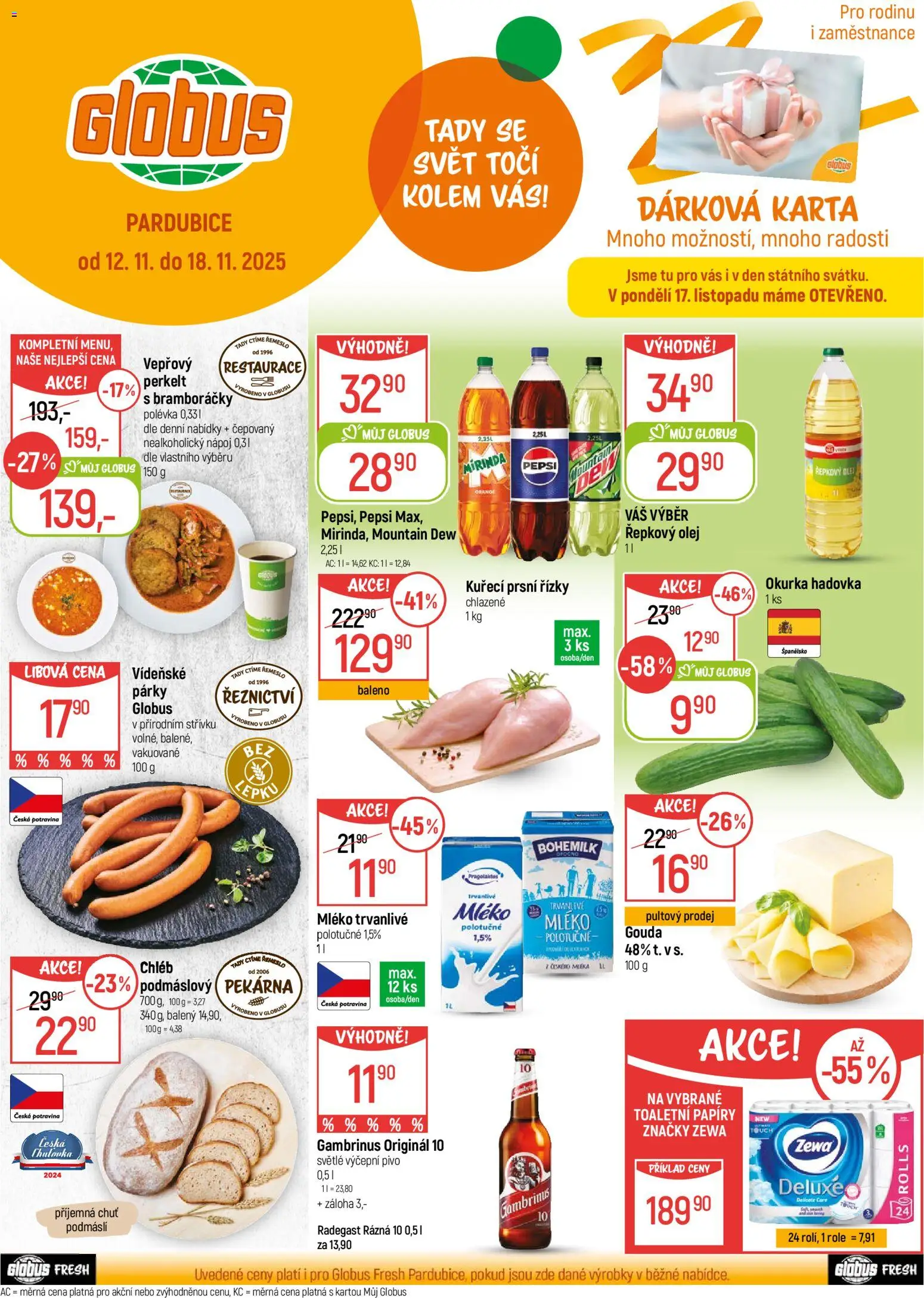 Globus leták - Pardubice od 12.11.2025 | Strana: 1 | Produkty: Chléb, Párky, Kuřecí prsní řízky, Okurka hadovka