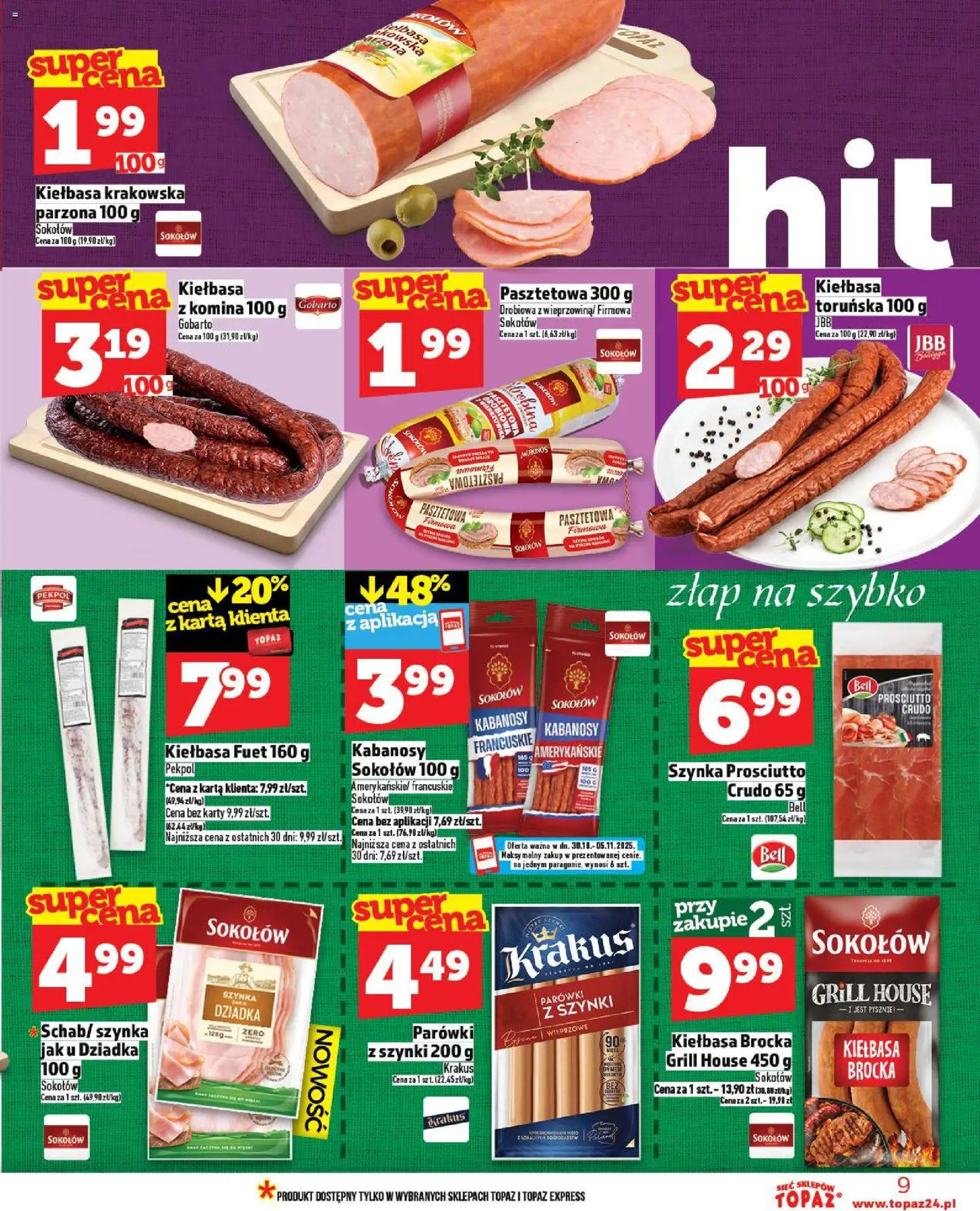 Topaz Gazetka od 30.10.2025 | Strona: 9 | Produkty: Kiełbasa, Karta, Grill, Prosciutto