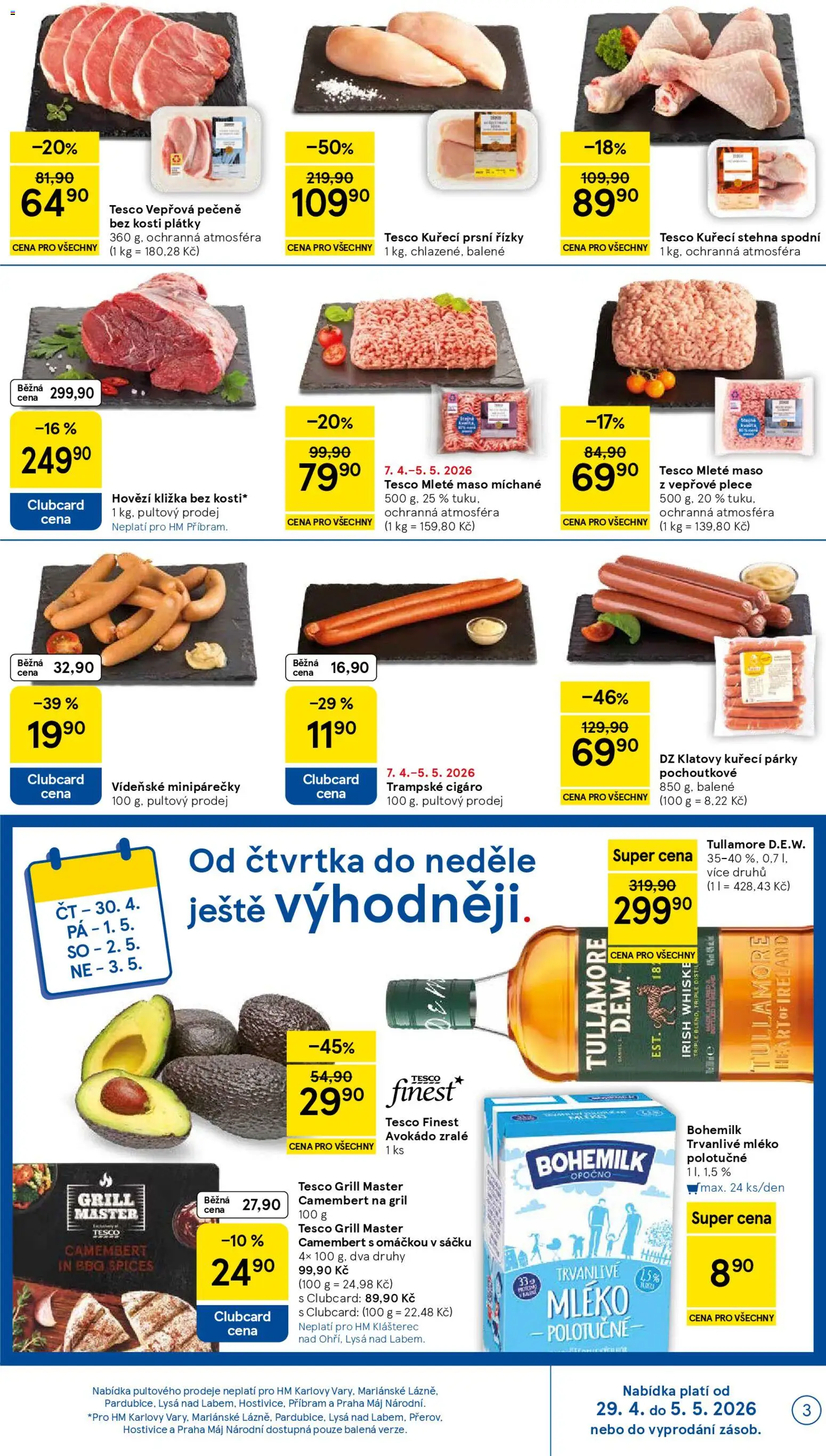 Tesco leták - Hypermarket od 29.04.2026 | Strana: 3 | Produkty: Hovězí, Whiskey, Mléko, Kuřecí stehna