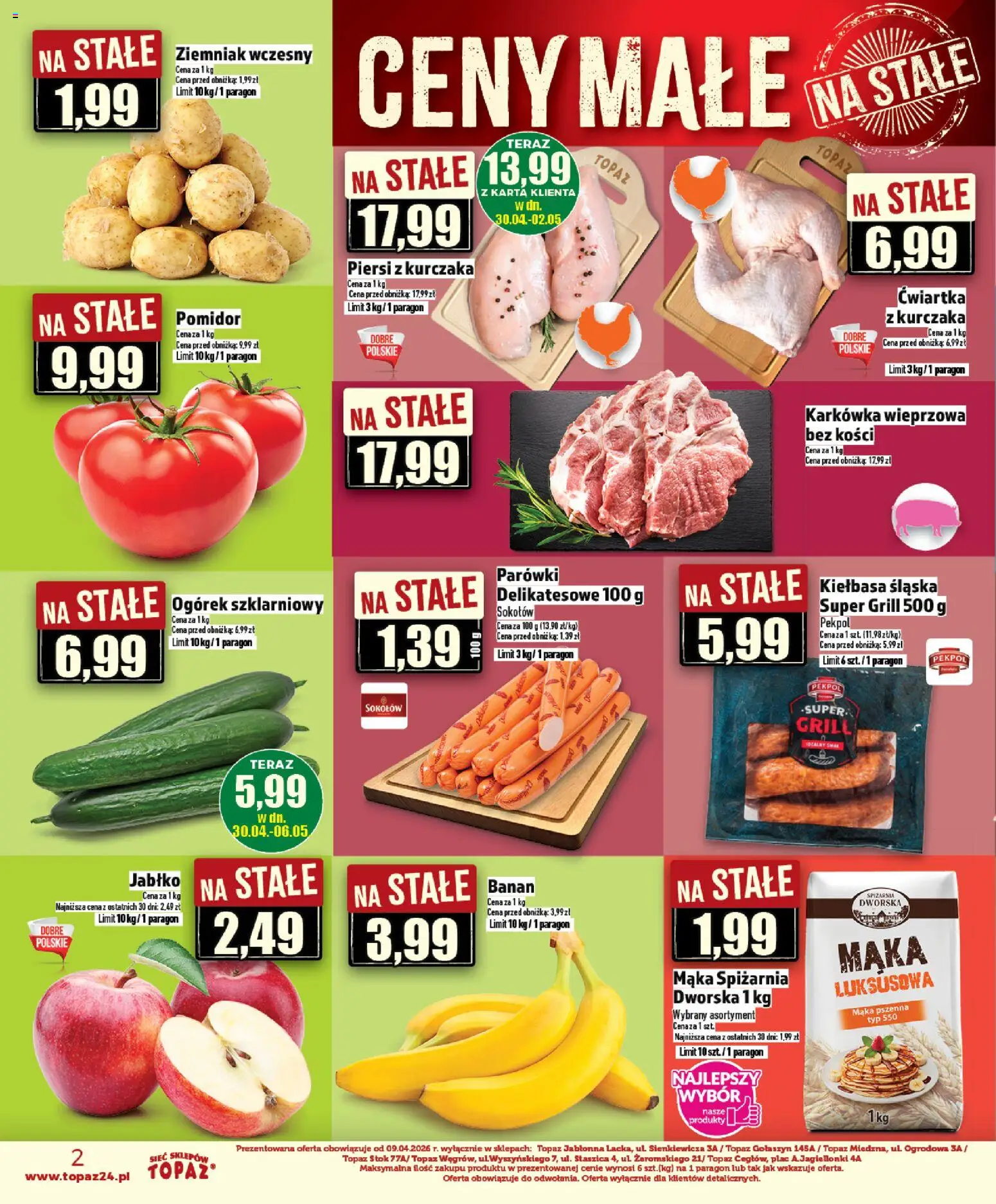 Topaz gazetka - Ceny małe na stałe od 30.04.2026 | Strona: 2 | Produkty: Kiełbasa, Karta, Kiełbasa śląska, Banan