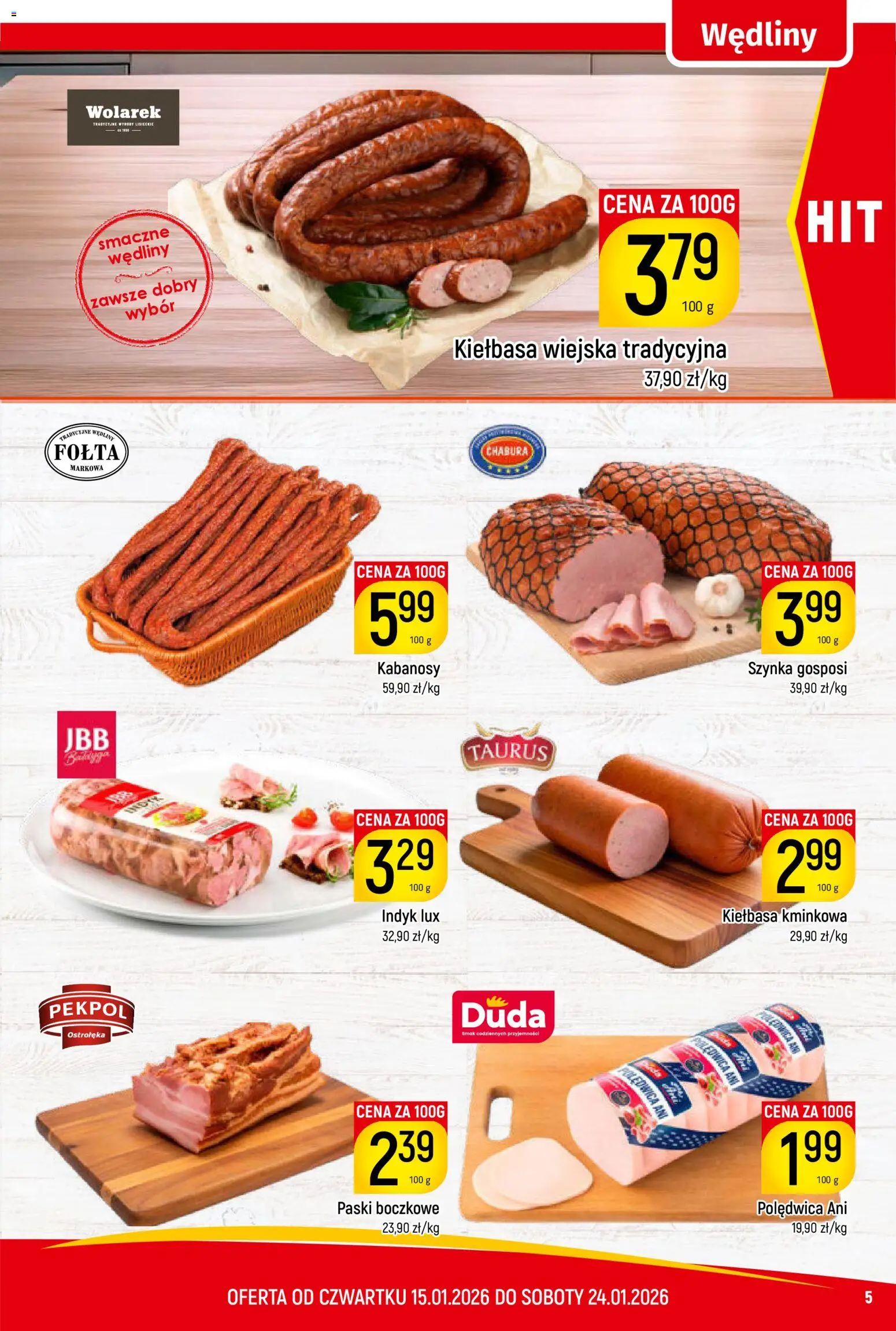 Piotruś Pan Gazetka od 15.01.2026 | Strona: 5 | Produkty: Kiełbasa, Kabanosy, Szynka, Wędliny
