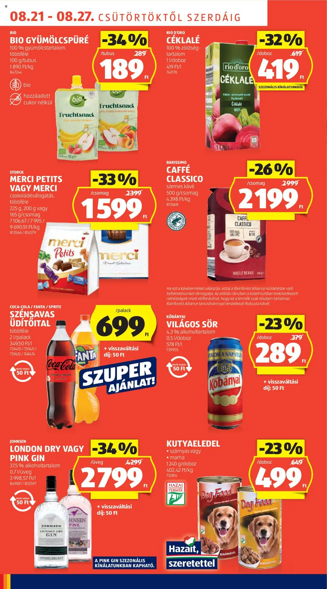 Aldi akciós ujság - amely érvényes a következő dátumtól: 21.08.2025 | Oldal: 8 | Termékek: Kutyaeledel, Sör, Zöldség, Szemes kávé