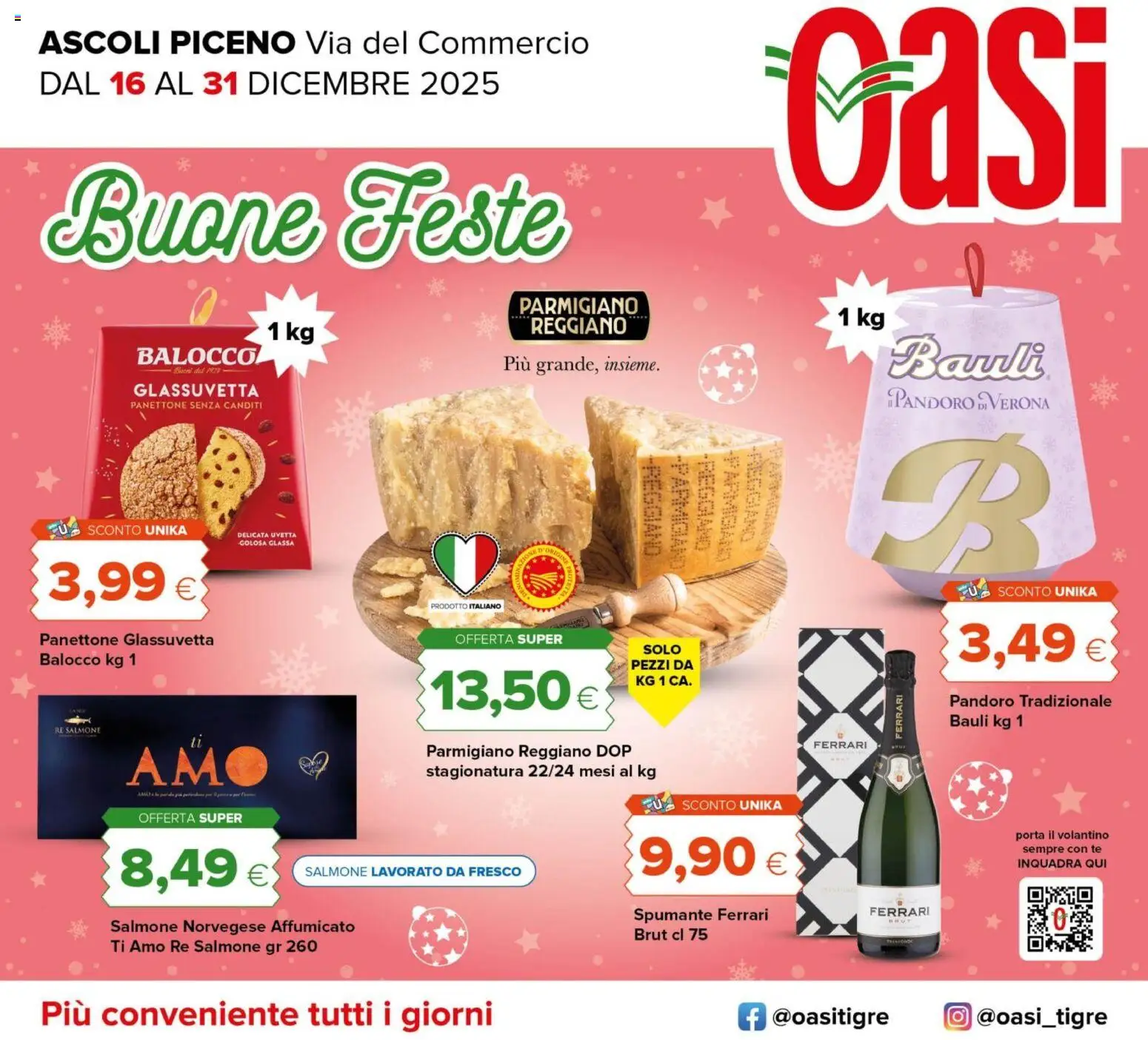 Volantino Oasi del 15.12.2025 | Pagina: 1 | Prodotti: Salmone, Pandoro, Spumante, Parmigiano reggiano