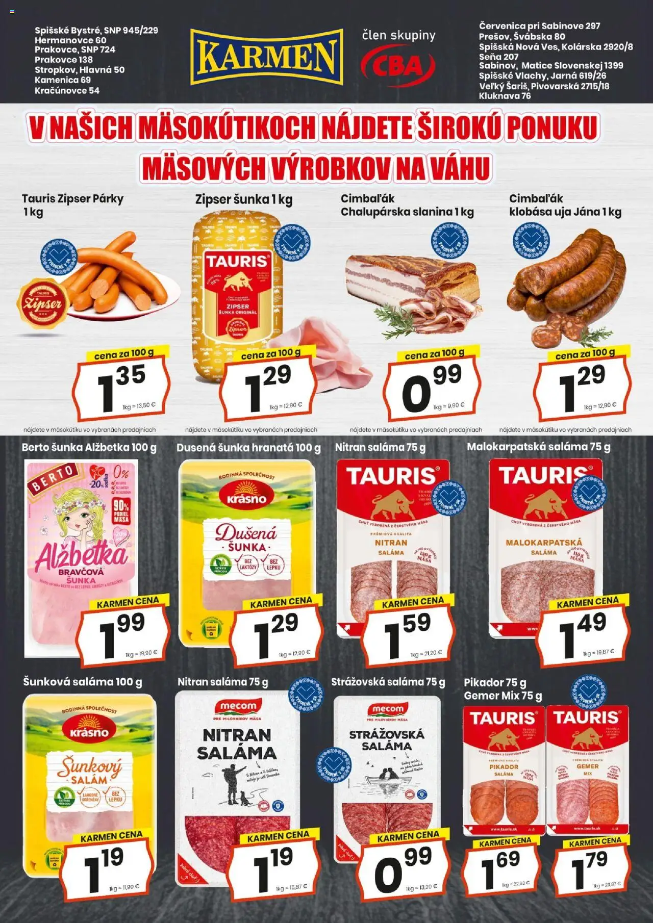 Nové KARMEN CBA akcie – leták je platný od 18.09.2025 | Strana: 4 | Produkty: Saláma, Slanina, Klobása, Párky