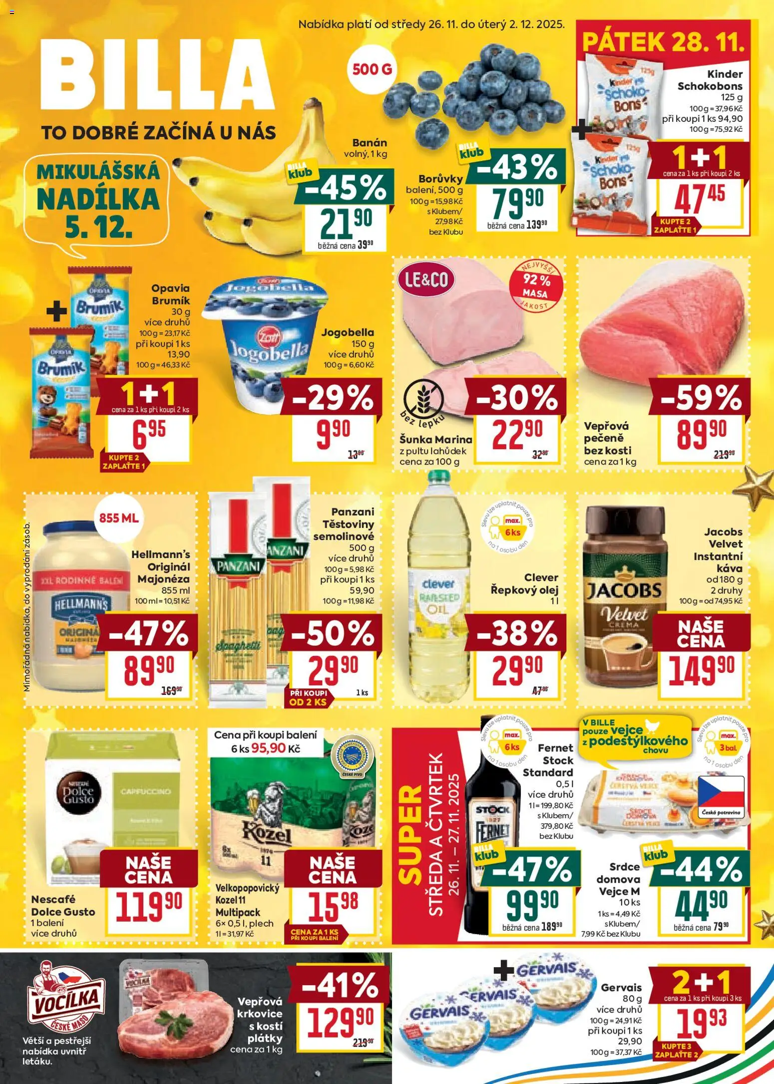 Billa Malý leták od 26.11.2025 | Strana: 1 | Produkty: Vejce, Hellmann's, Nescafé, Fernet