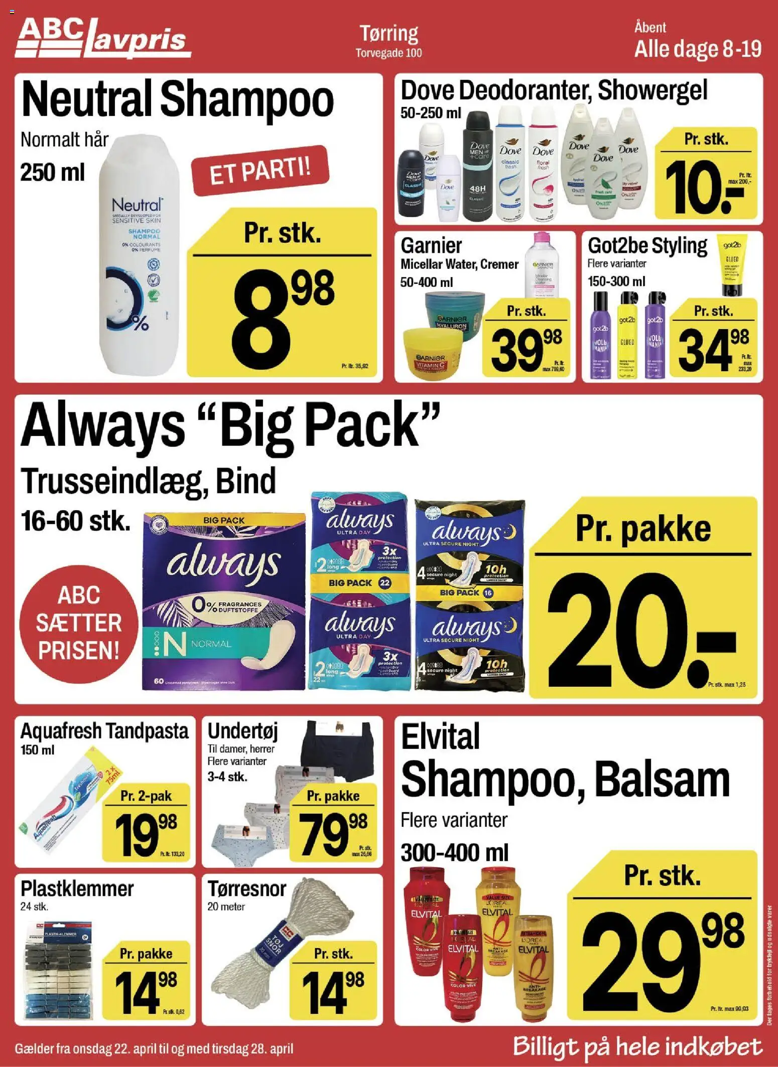 Abc Lavpris tilbudsavis – gyldig fra 22.04.2026 | Side: 11 | Produkter: Shampoo, Balsam, Tandpasta, Undertøj