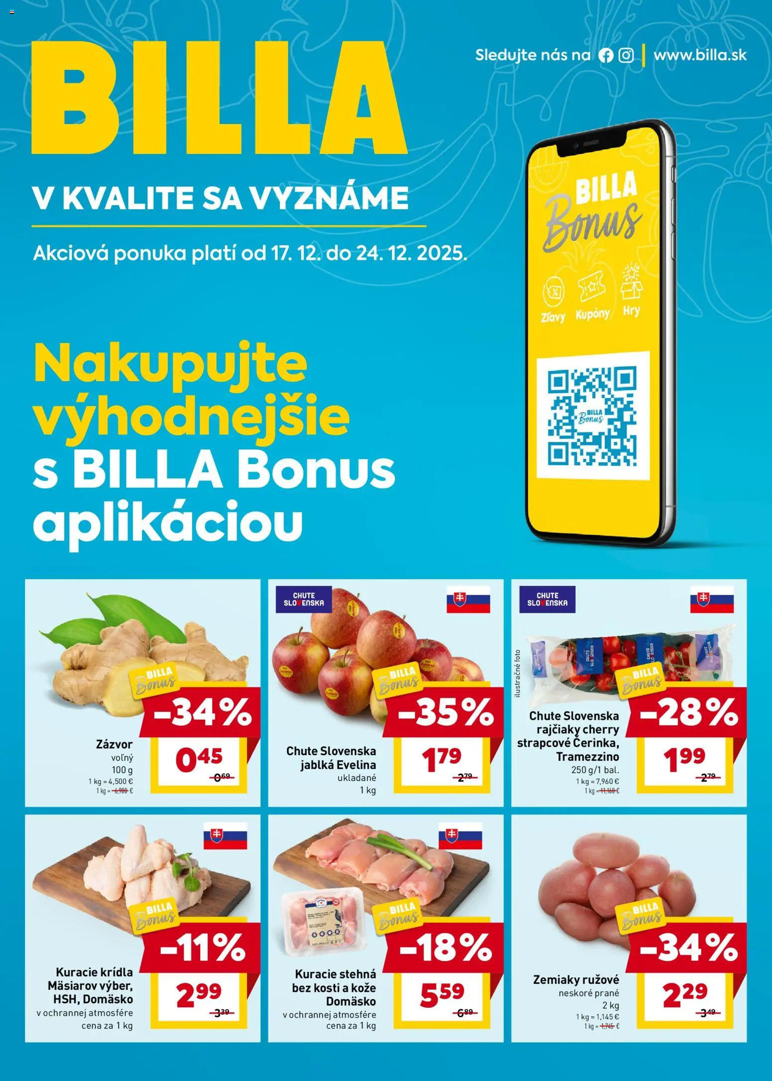 Nové Billa akcie – leták je platný od 17.12.2025 | Strana: 1 | Produkty: Zázvor, Jablká, Zemiaky, Kuracie krídla