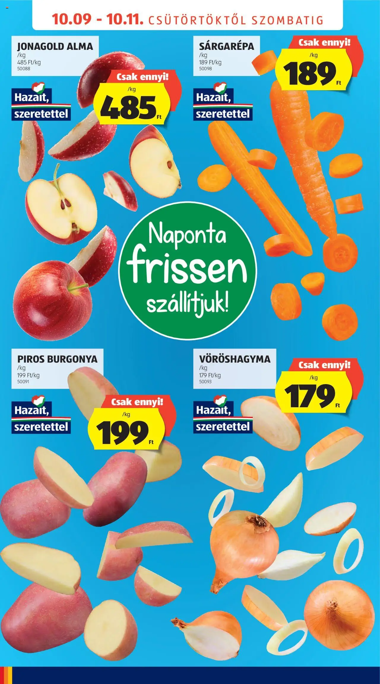 Aldi akciós ujság - amely érvényes a következő dátumtól: 09.10.2025 | Oldal: 8 | Termékek: Burgonya, Sárgarépa, Vöröshagyma, Alma