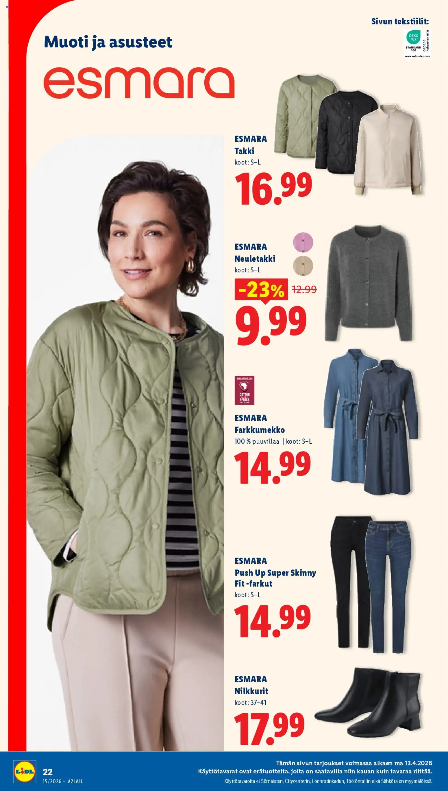 Lidl tarjoukset - Rovaniemi – voimassa 09.04.2026 alkaen | Sivu: 30 | Tuotteet: Neuletakki, Nilkkurit, Takki, Farkut