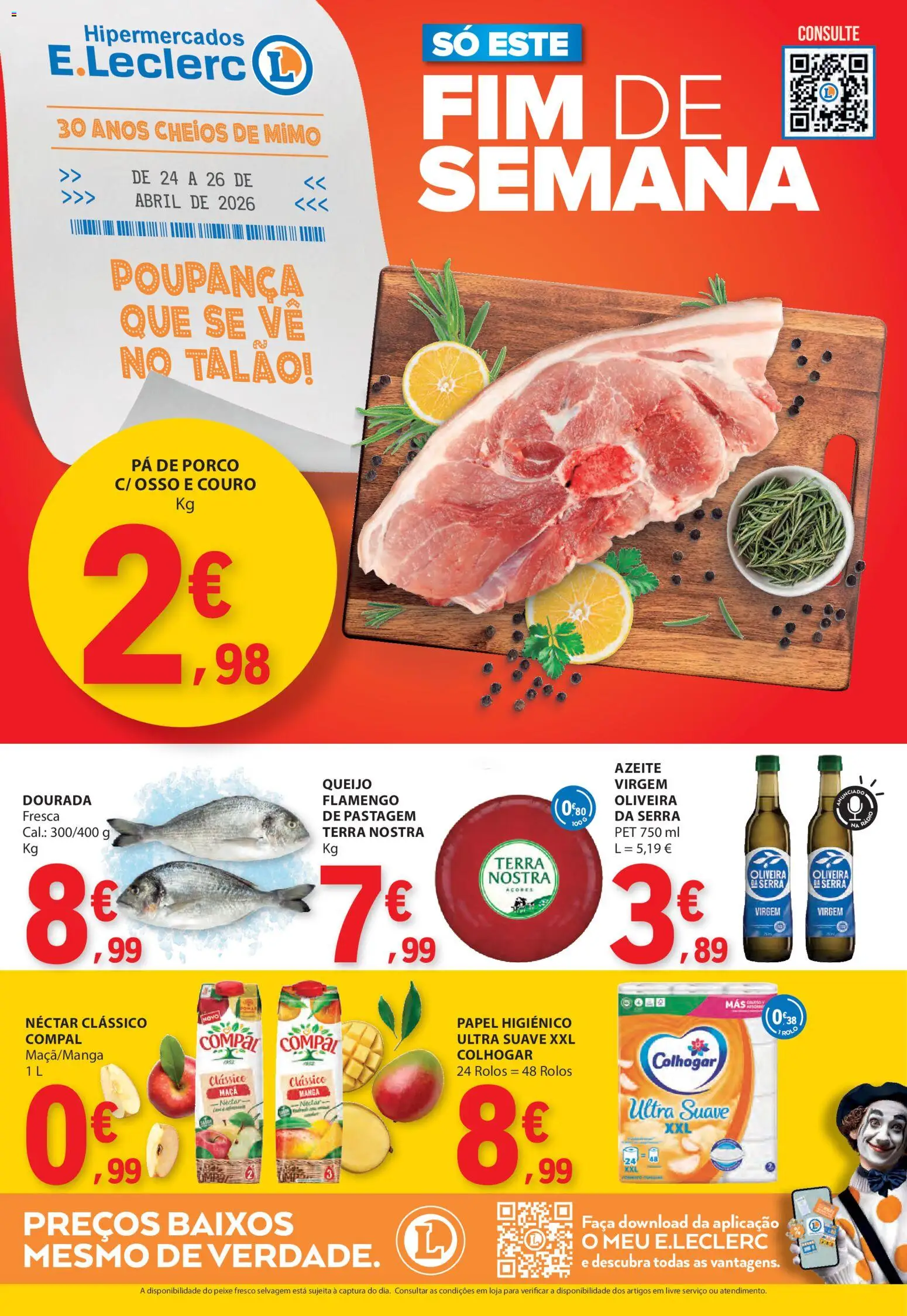 E.Leclerc Catálogo Fim de Semana │ válido de 24.04.2026 | Página: 1 | Produtos: Azeite, Faca, Queijo, Maça