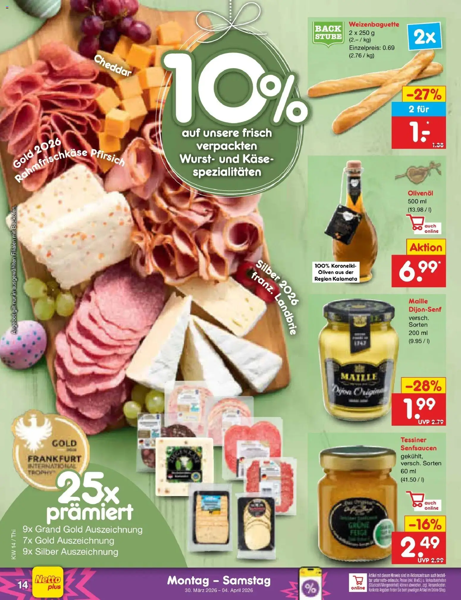 Netto Marken-Discount Prospekt Thiendorf	 – gültig ab 30.03.2026 | Seite: 16 | Produkte: Käse, Olivenol, Wurst, Pfirsich