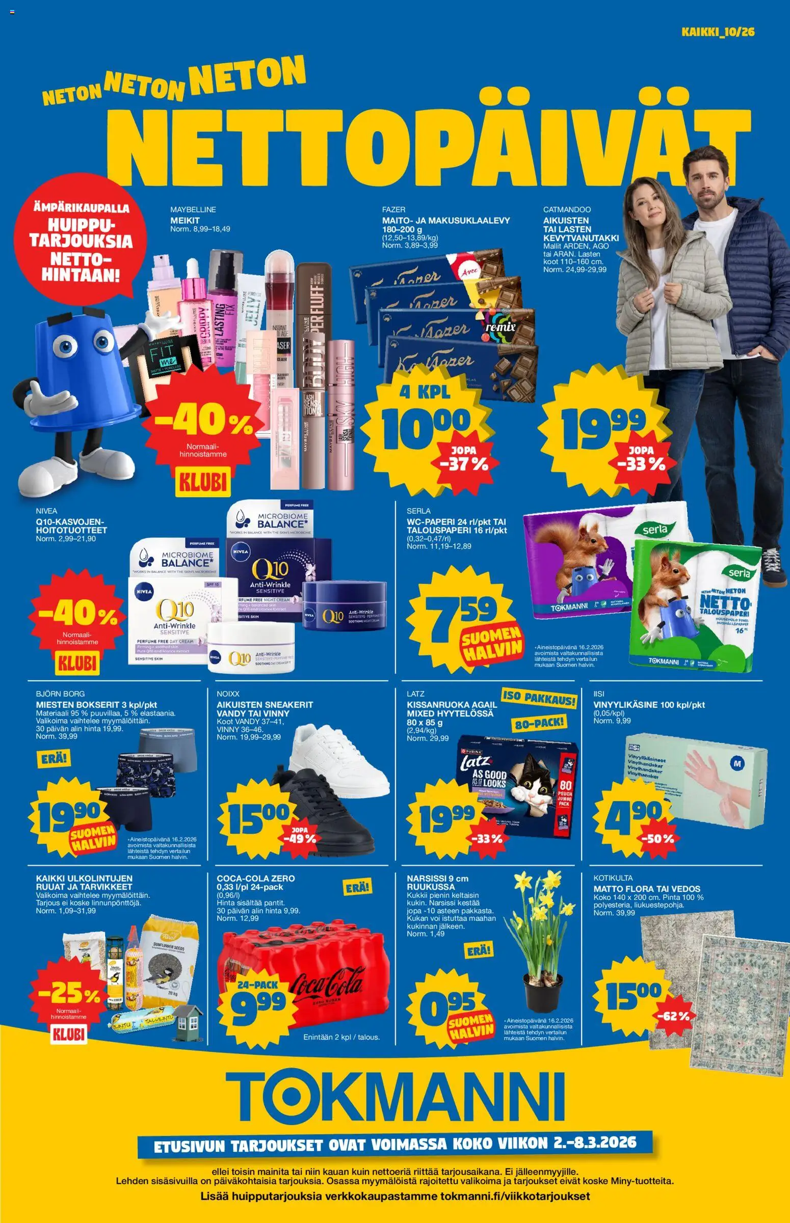 Tokmanni tarjoukset – voimassa 02.03.2026 alkaen | Sivu: 1 | Tuotteet: Wc-paperi, Kissanruoka, Maito, Bokserit