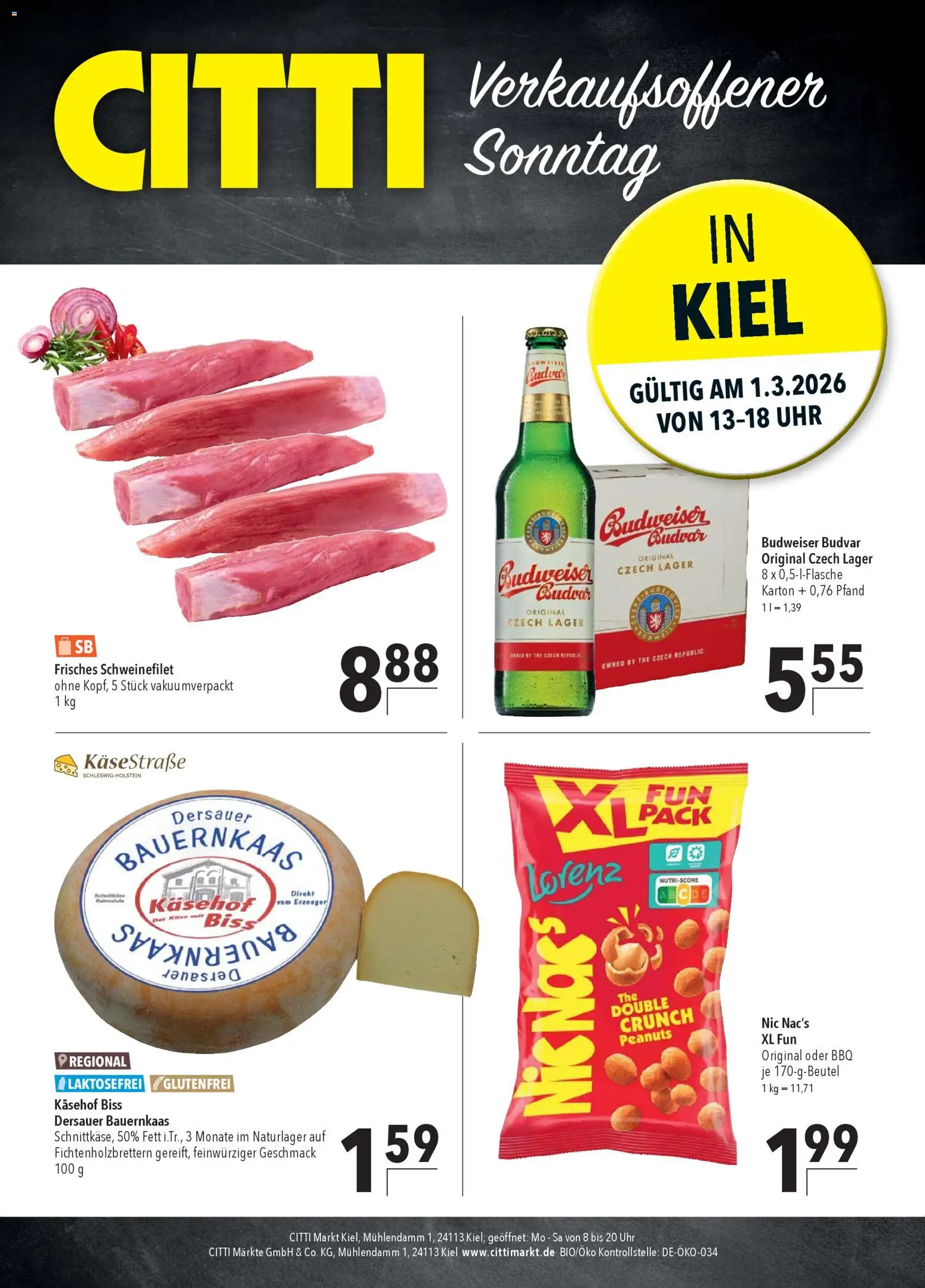 CITTI Markt Sonntags-Angebote in Kiel – gültig ab 01.03.2026 | Seite: 1 | Produkte: Schweinefilet, Budweiser, Uhr
