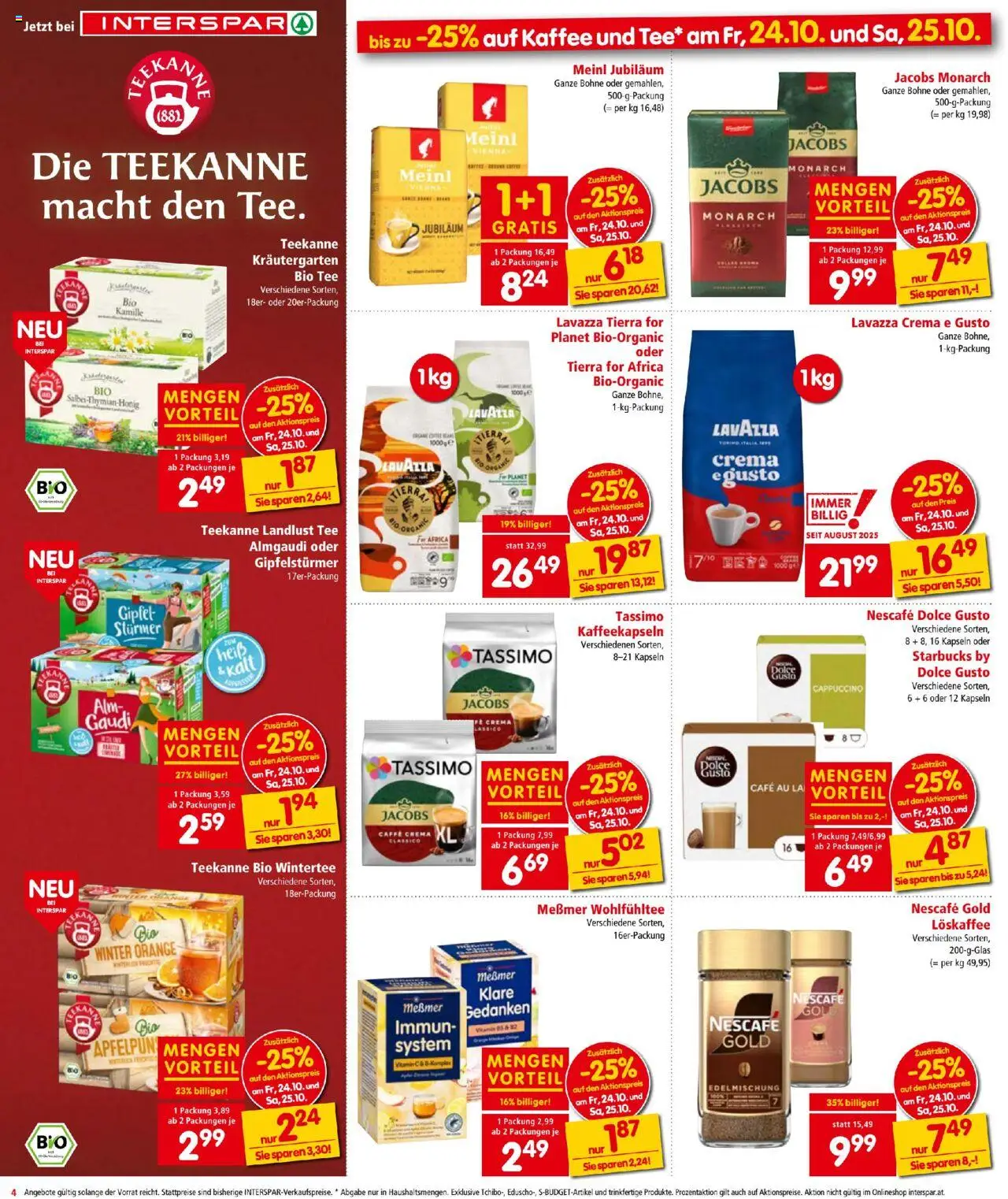 Interspar Flugblatt gültig ab 23.10.2025 | Seite: 4 | Produkte: Kaffee, Tee