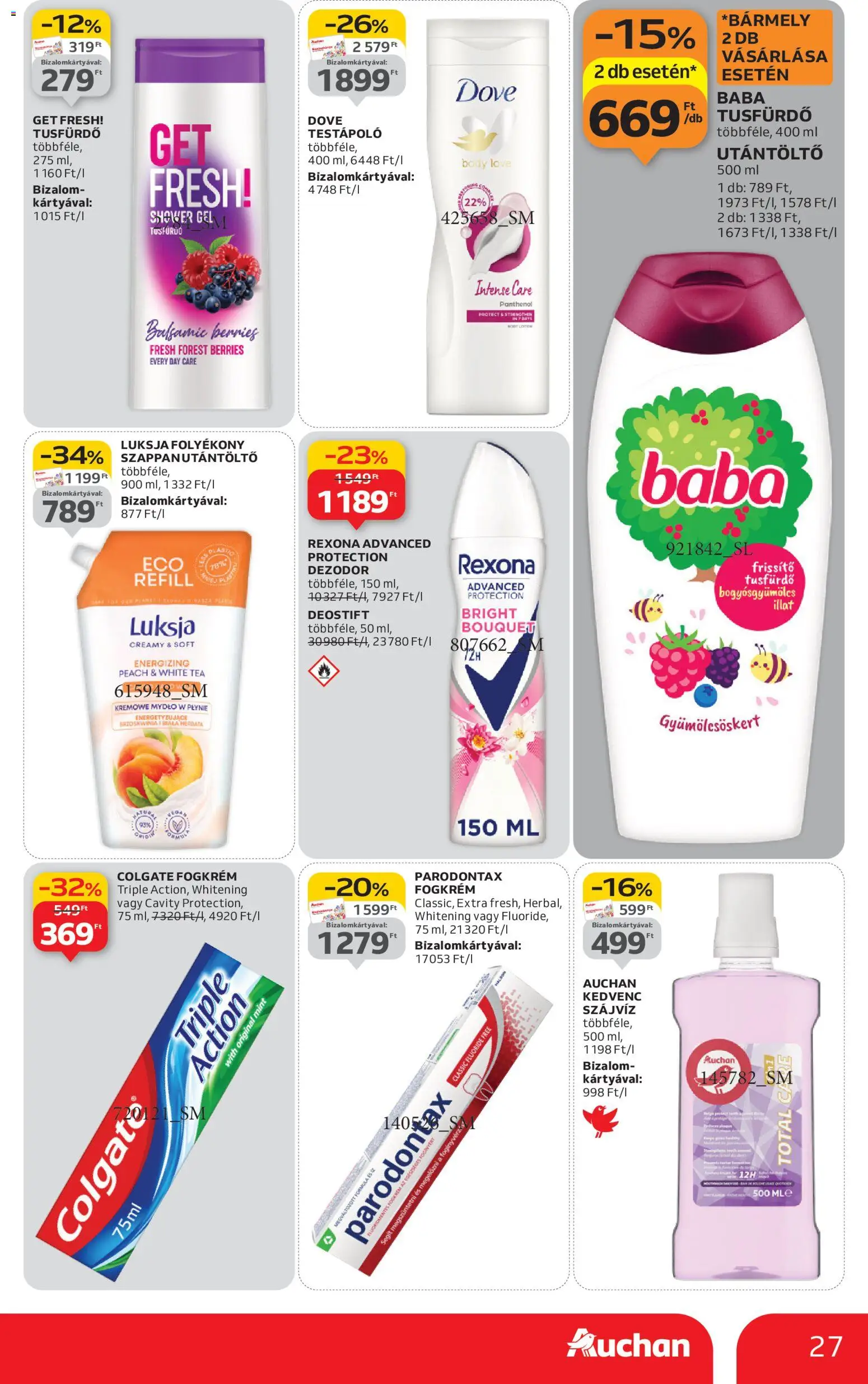 Auchan akciós ujság - amely érvényes a következő dátumtól: 02.01.2026 | Oldal: 27 | Termékek: Body, Tusfürdő, Dezodor, Fogkrém