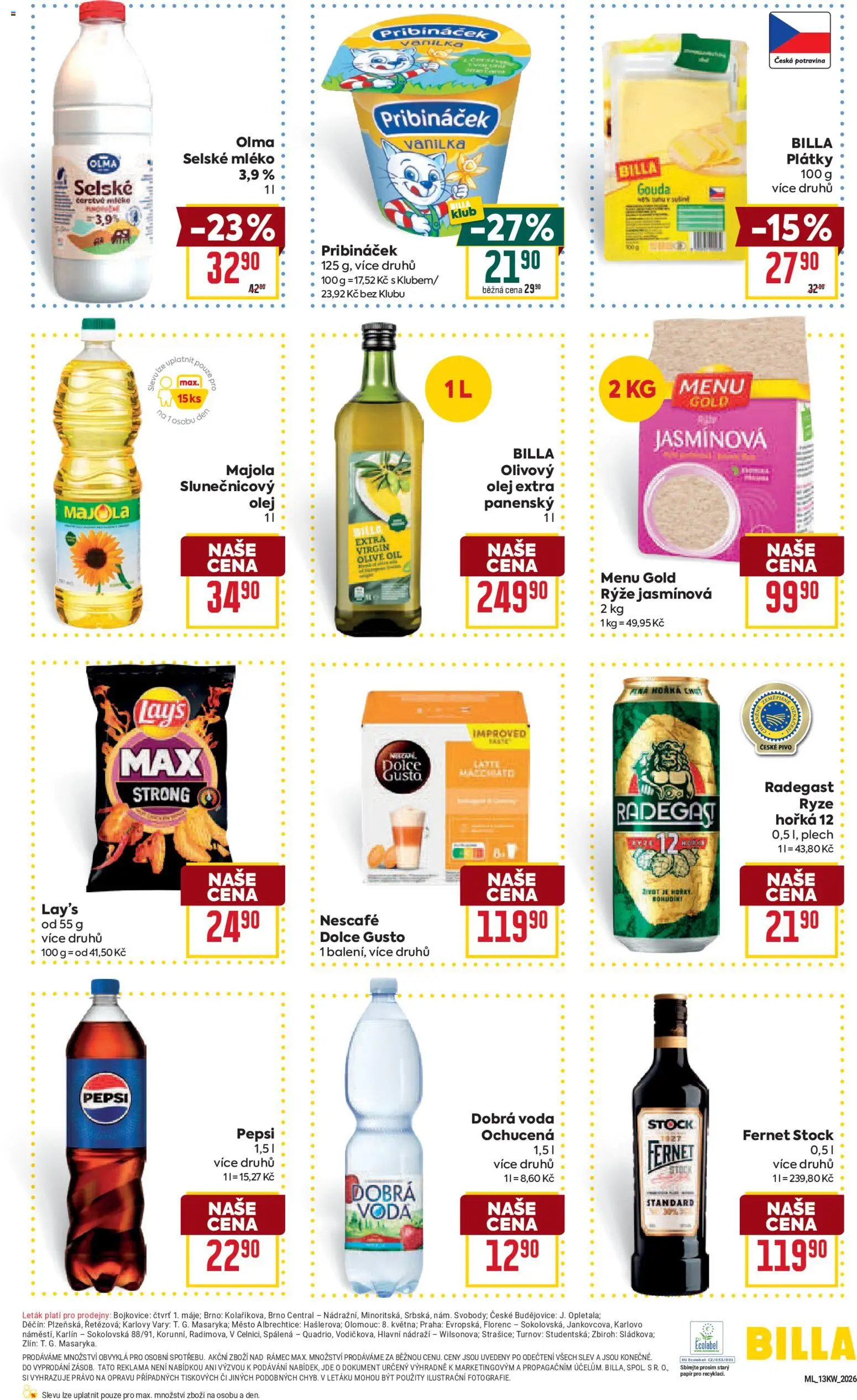 Billa Malý leták od 25.03.2026 | Strana: 3 | Produkty: Dobrá voda, Mléko, Lay's, Slunečnicový olej