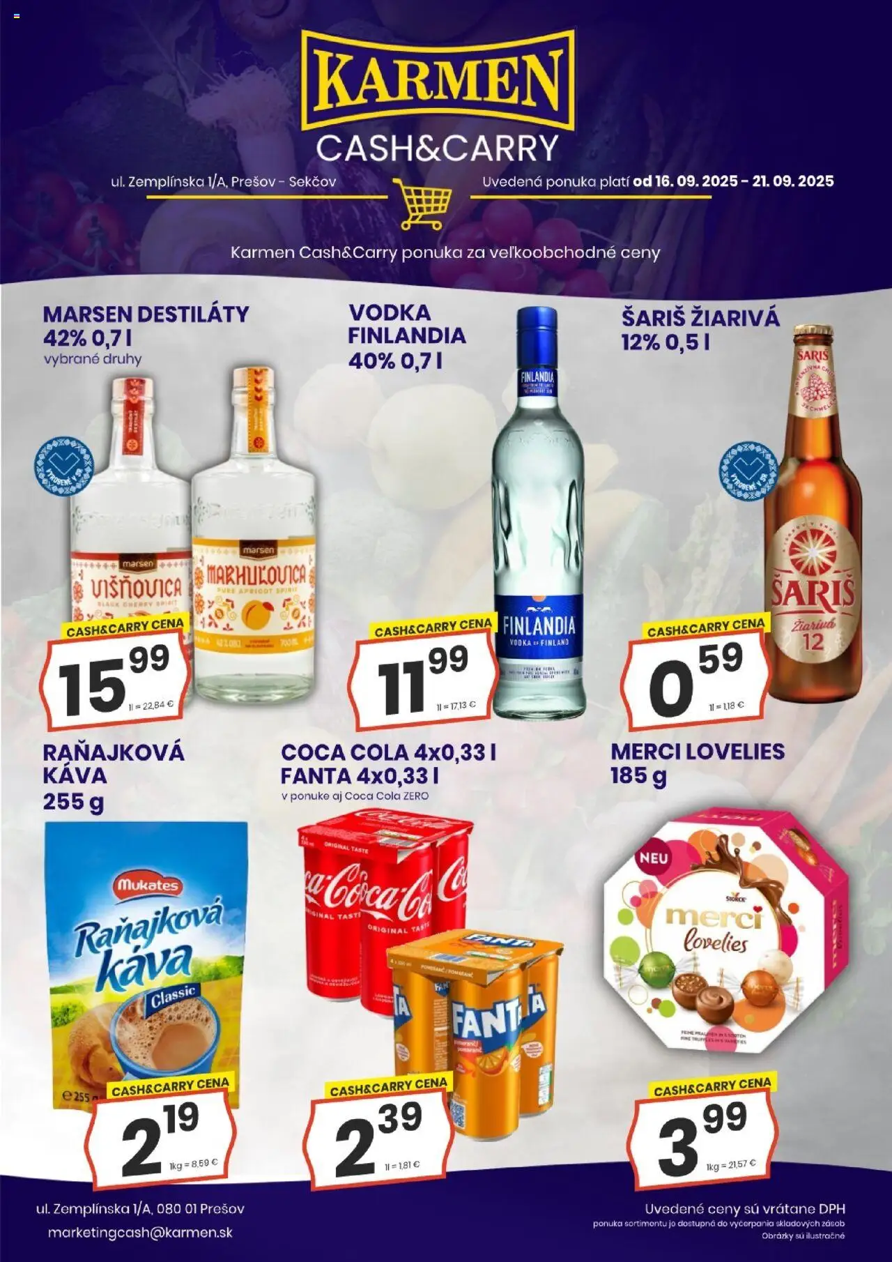Nové KARMEN CBA akcie – leták je platný od 16.09.2025 | Strana: 1 | Produkty: Merci, Vodka, Coca cola, Finlandia