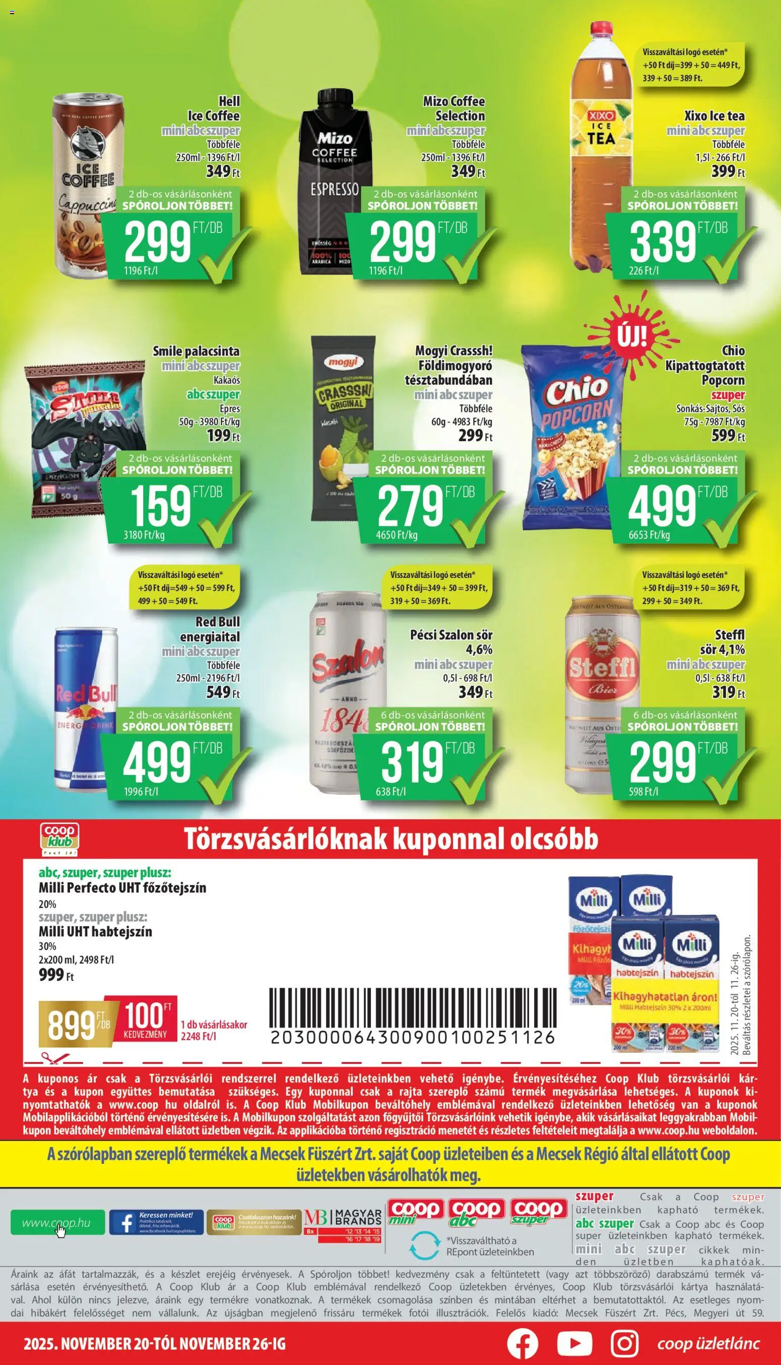 COOP akciós ujság - amely érvényes a következő dátumtól: 20.11.2025 | Oldal: 8 | Termékek: Energiaital, Red bull, Steffl, Földimogyoró
