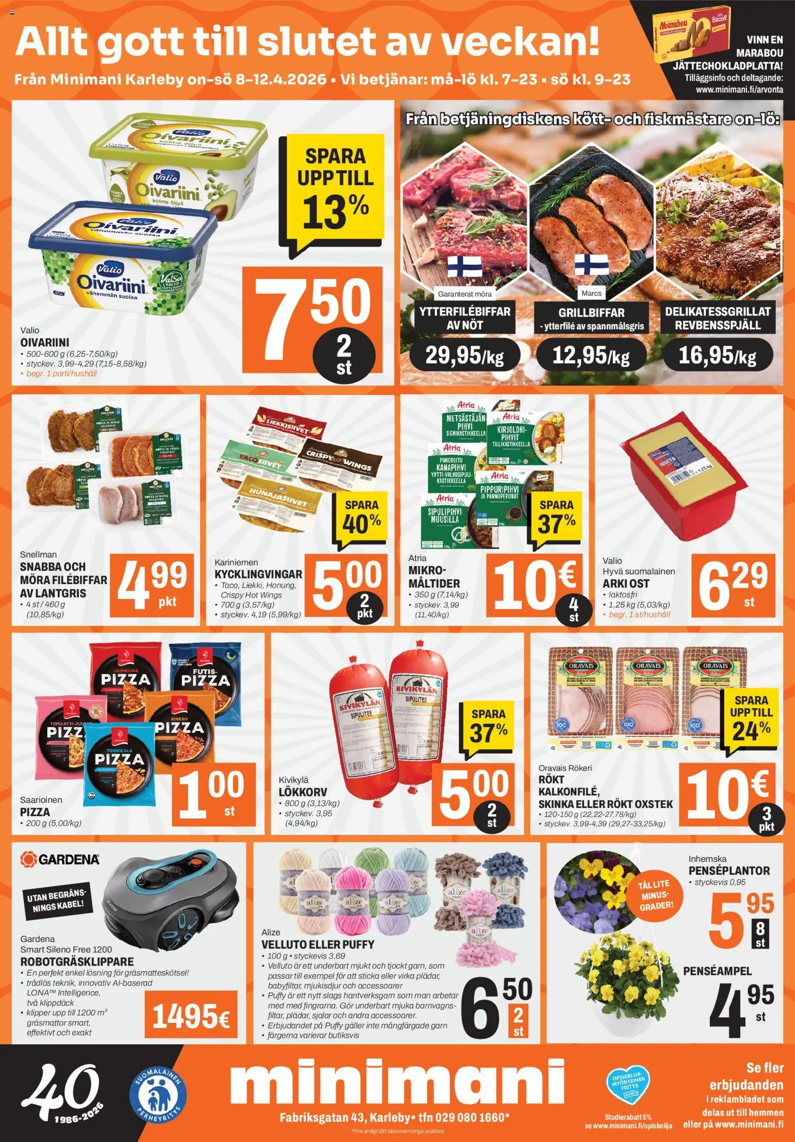 Minimani Tarjoukset - Kokkola – voimassa 08.04.2026 alkaen | Sivu: 2 | Tuotteet: Kirjolohi, Kinkku, Pizza, Pihvi