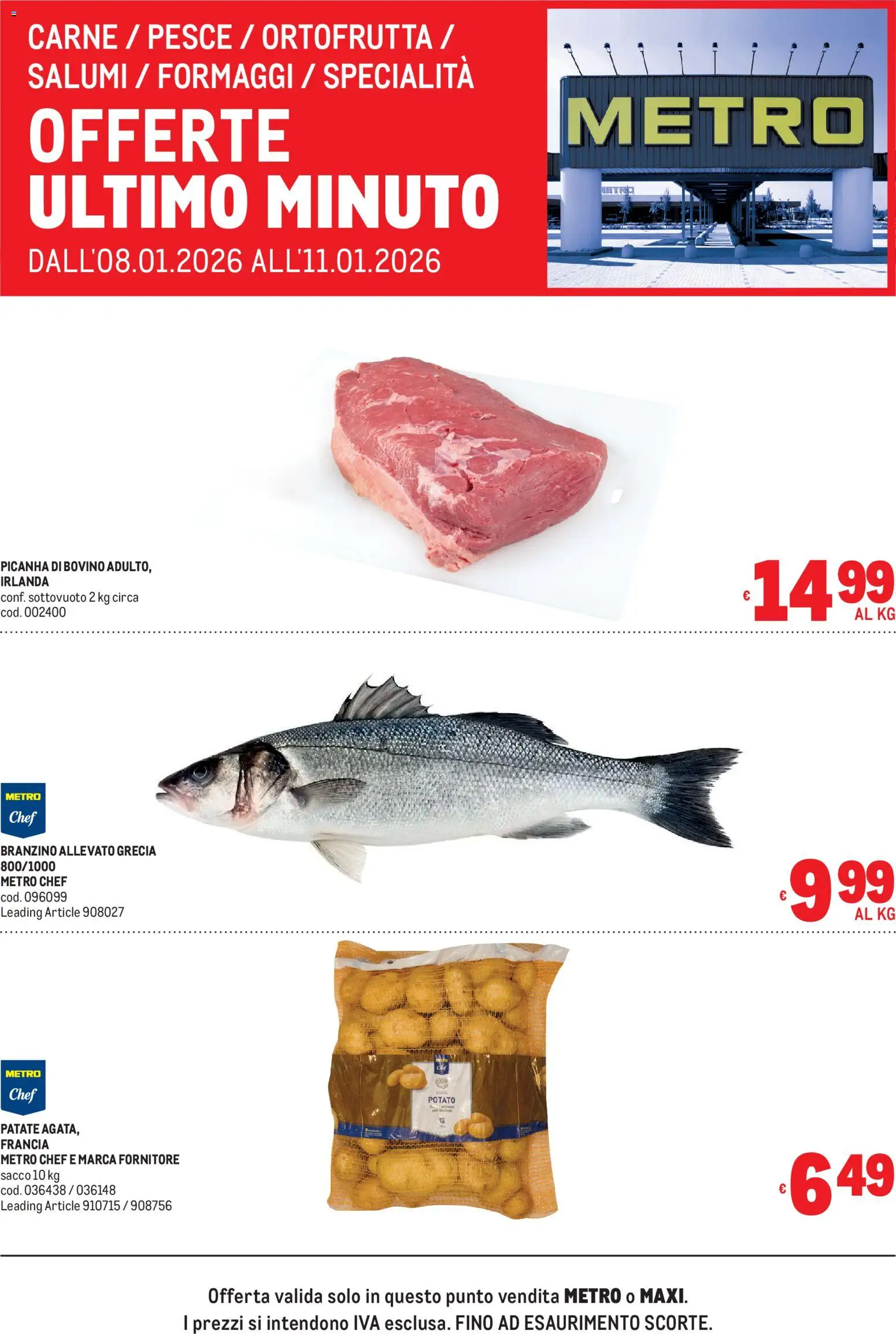 Volantino Metro del 08.01.2026 | Pagina: 1 | Prodotti: Bovino, Pesce, Patate, Branzino