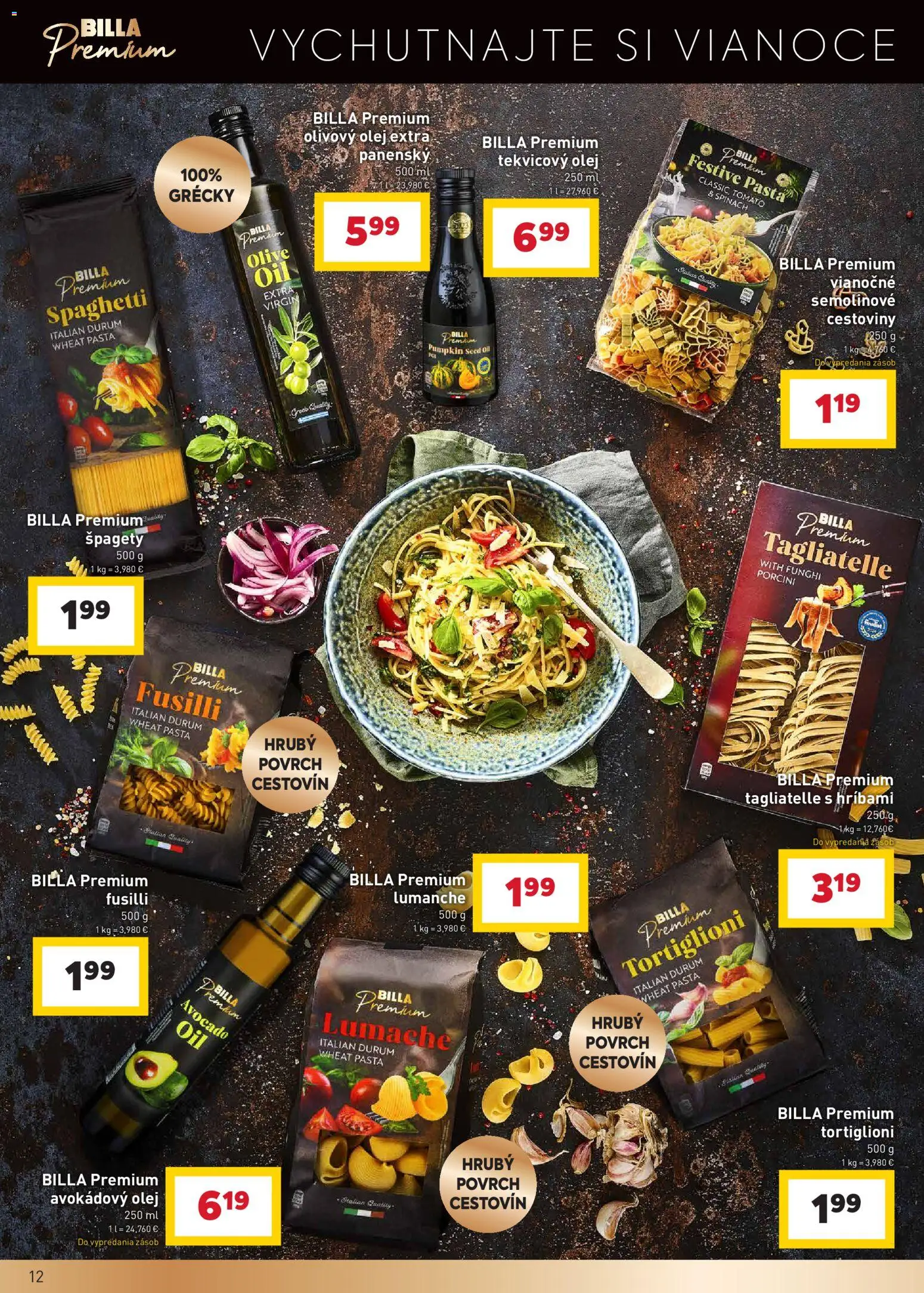Nové Billa akcie – leták je platný od 17.12.2025 | Strana: 12 | Produkty: Olej, Fusilli, Cestoviny, Špagety