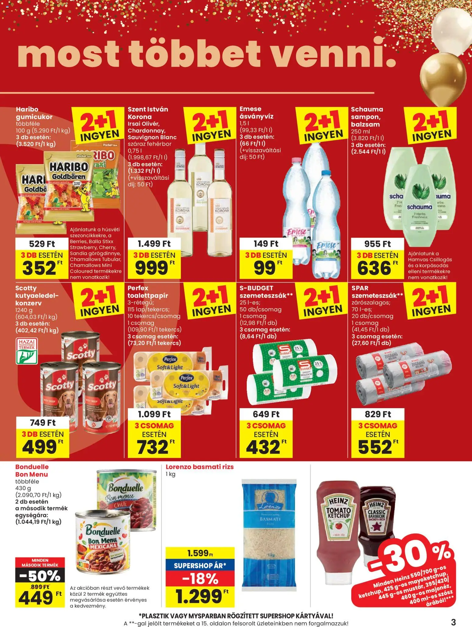 Spar akciós ujság - amely érvényes a következő dátumtól: 12.03.2026 | Oldal: 3 | Termékek: Gumicukor, Basmati rizs, Fehérbor, Szósz
