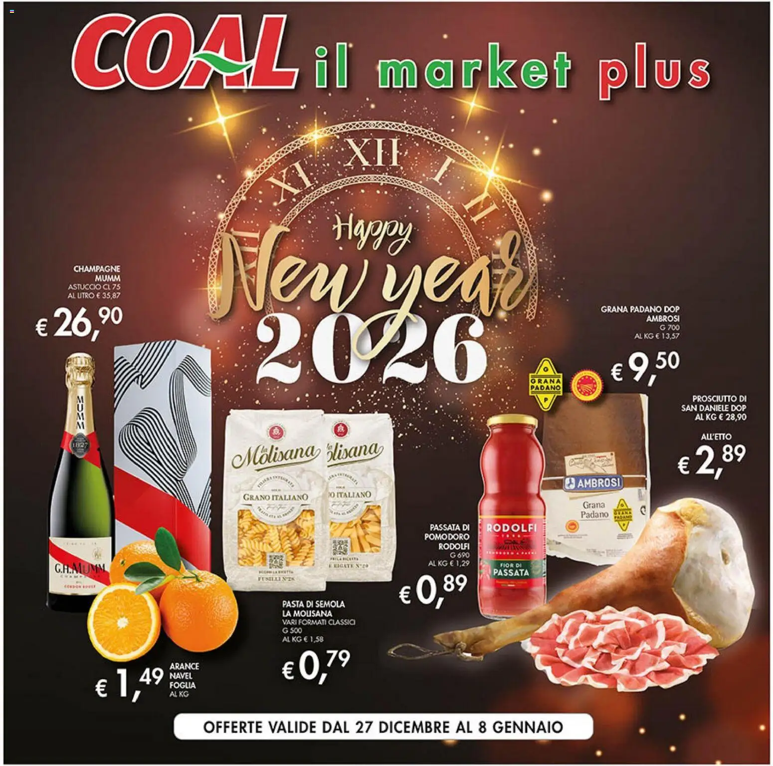 Volantino Coal del 27.12.2025 | Pagina: 1 | Prodotti: Pomodoro, Pasta, Champagne, Grana Padano