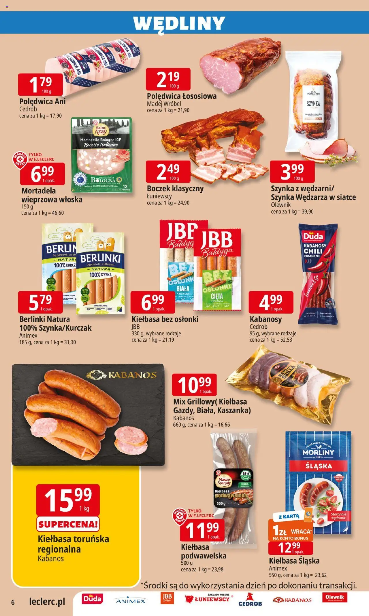 E.Leclerc Gazetka - Radom od 22.07.2025 | Strona: 6 | Produkty: Kiełbasa śląska, Boczek, Kiełbasa podwawelska, Wędliny