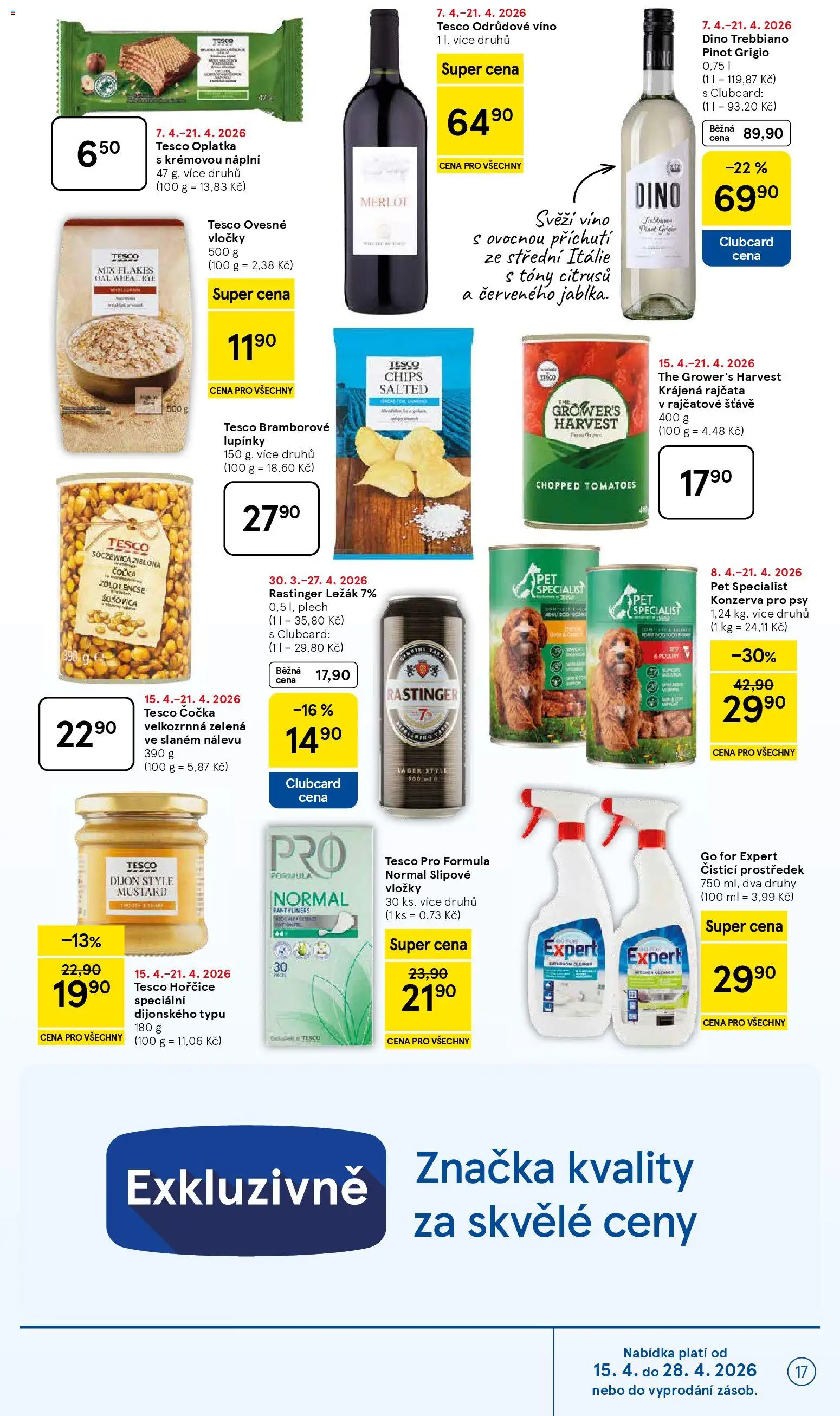 Tesco leták - Hypermarket od 15.04.2026 | Strana: 17 | Produkty: Vložky, Konzerva pro psy, Ovesné vločky, Krájená rajčata