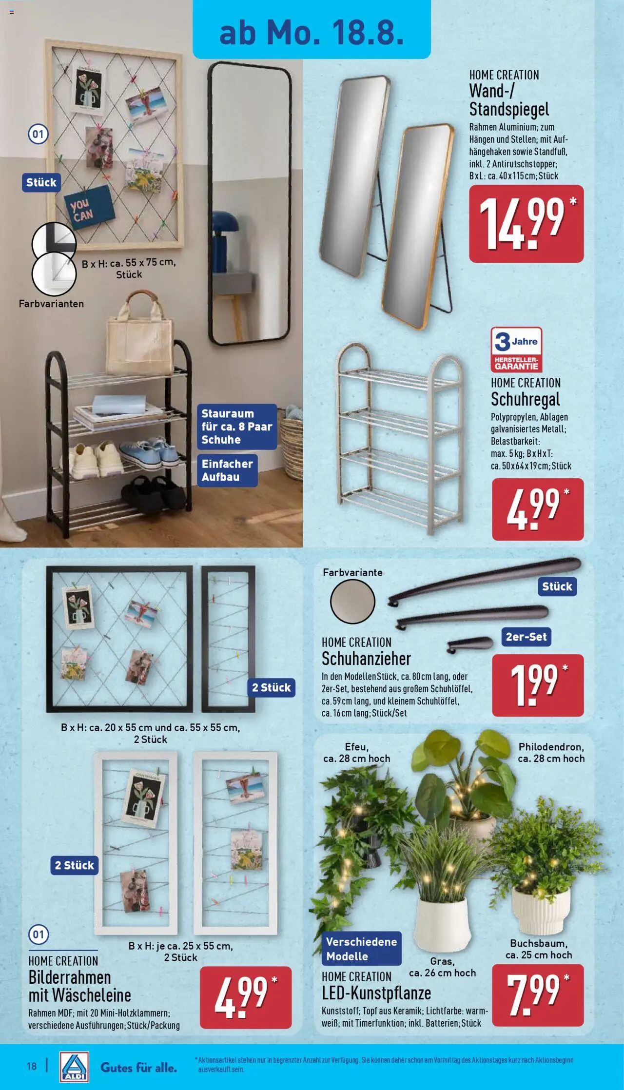 Aldi Prospekt 	 - gültig ab dem 18.08.2025 | Seite: 18 | Produkte: Standspiegel, Schuhregal, Bilderrahmen, Home creation