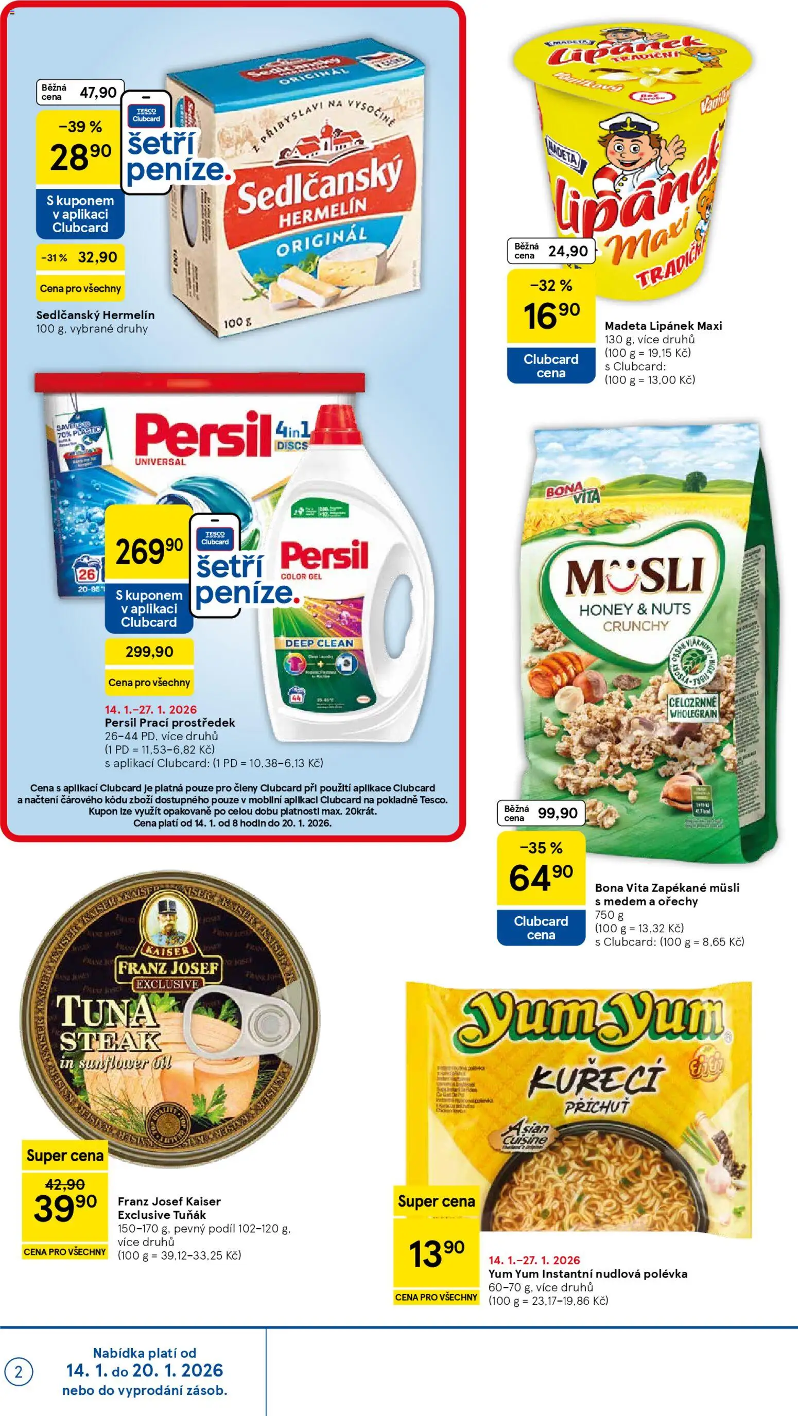 Tesco leták - Supermarket od 14.01.2026 | Strana: 2 | Produkty: Sedlčanský Hermelín, Prací prostředek, Yum Yum, Steak