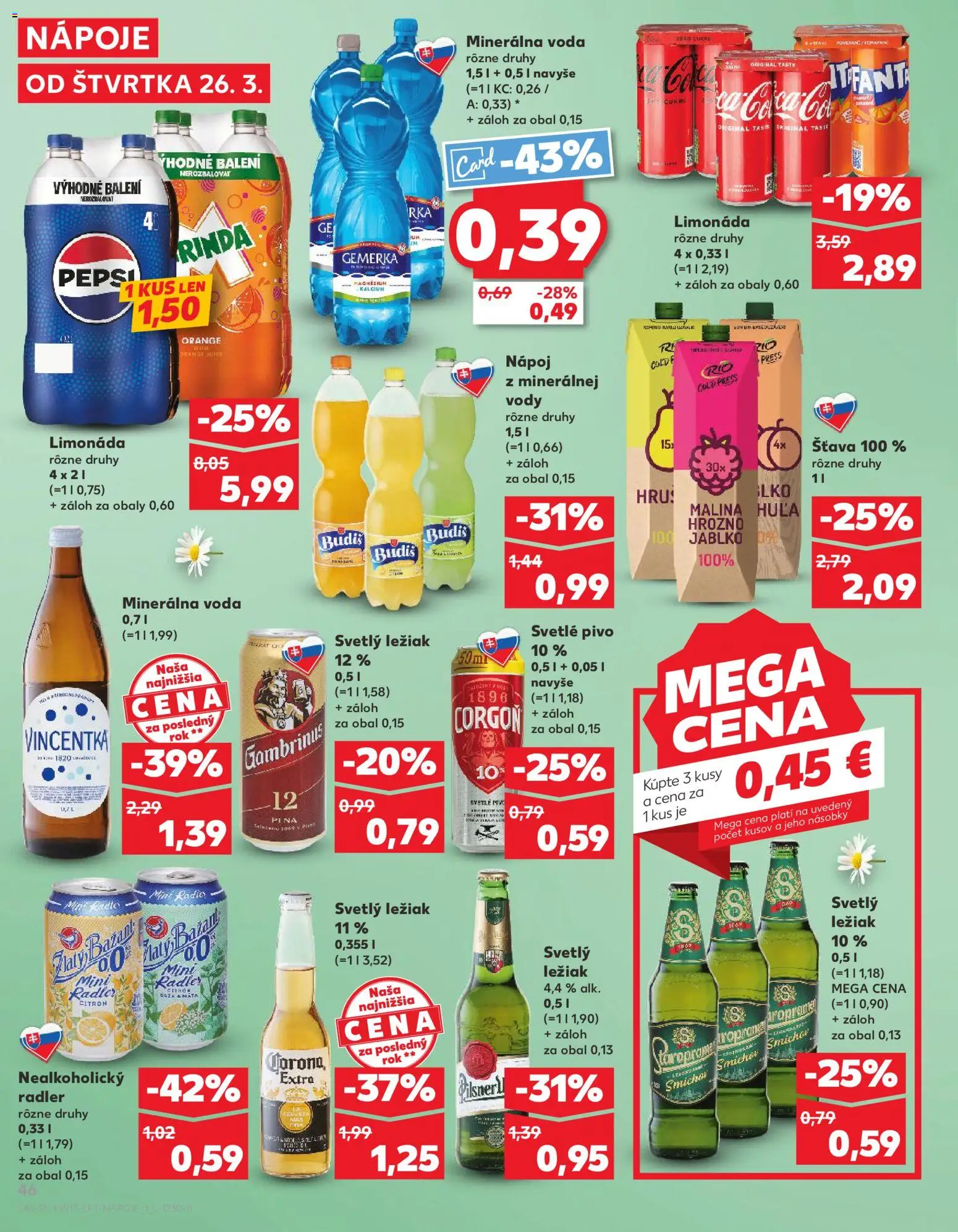 Nové Kaufland akcie – leták je platný od 26.03.2026 | Strana: 46 | Produkty: Radler, Budiš, Voda, Pepsi