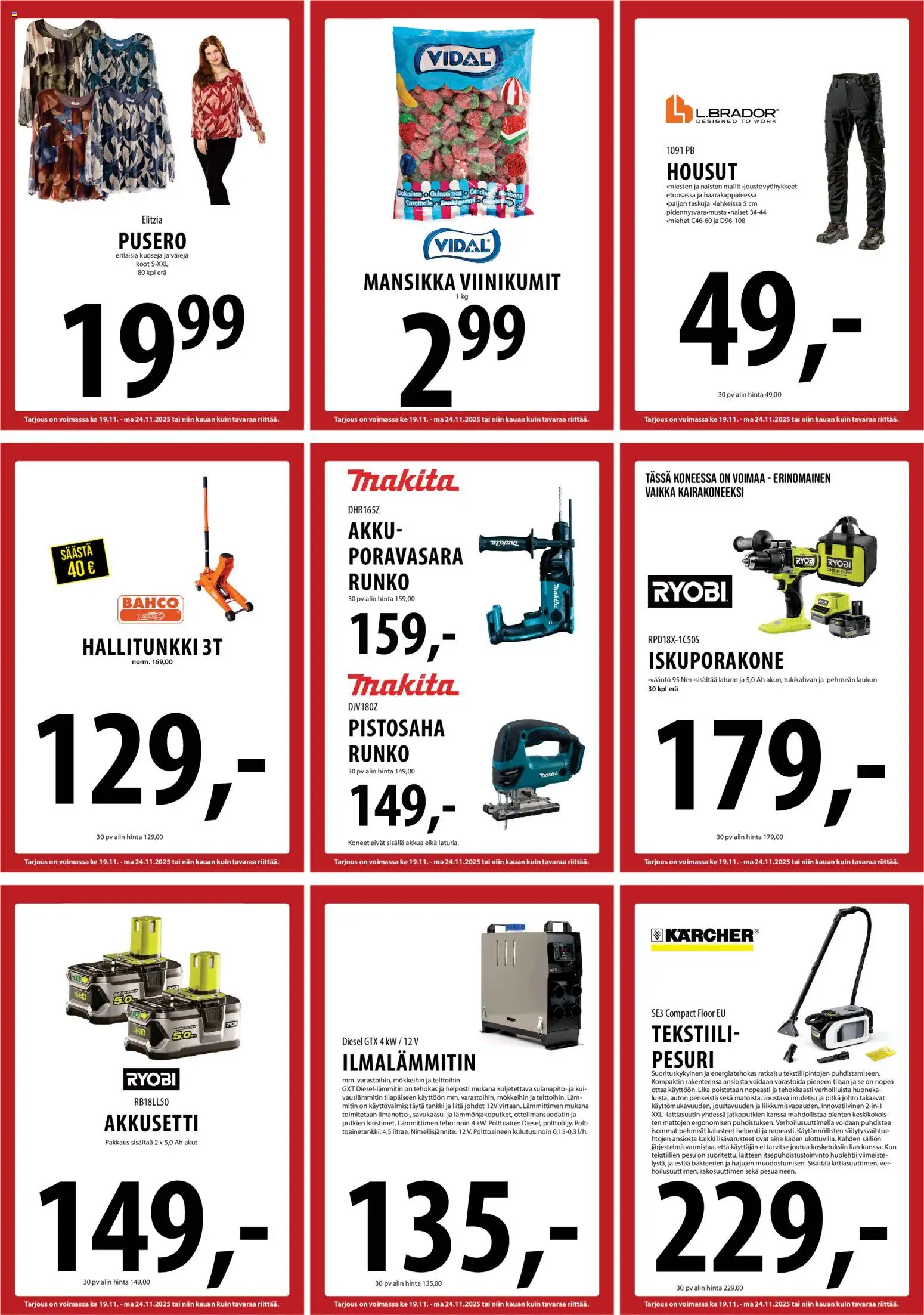 Tuuri tarjoukset – voimassa 19.11.2025 alkaen | Sivu: 25 | Tuotteet: Akku, Pusero, Housut