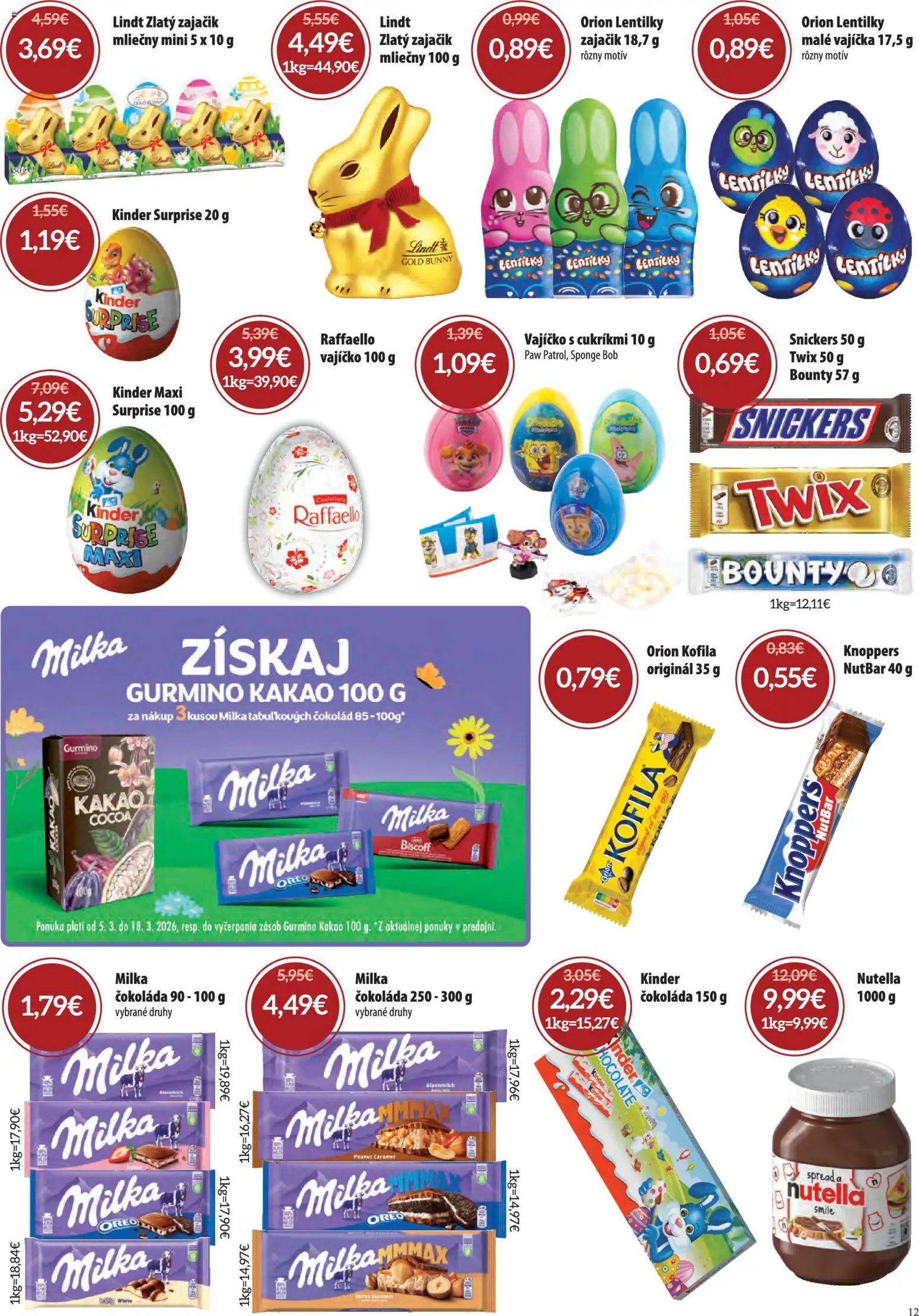 Nové Nitrazdroj akcie – leták je platný od 05.03.2026 | Strana: 12 | Produkty: Lindt, Kinder Surprise, Čokoláda, Nutella