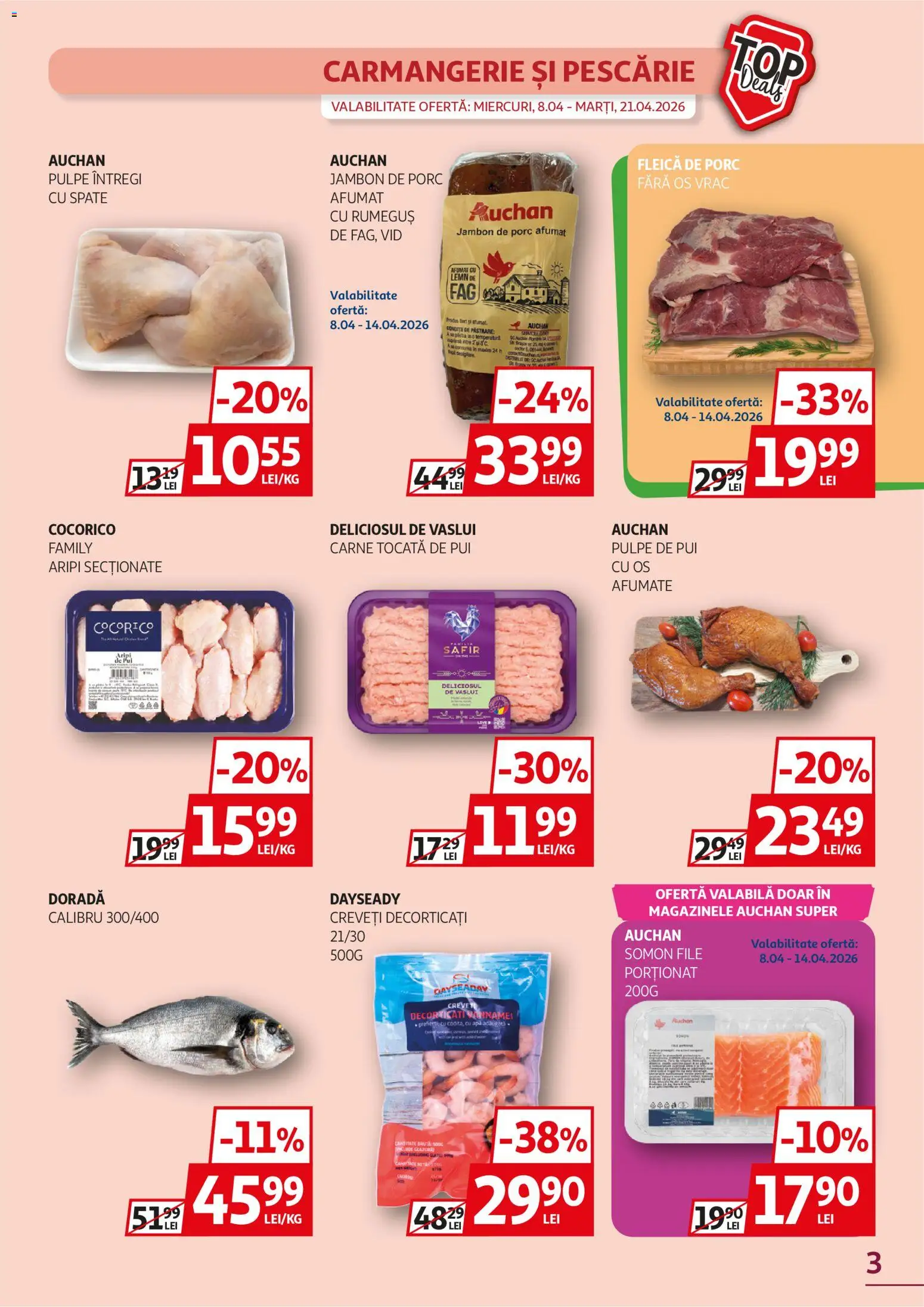 Noul catalog Auchan – valabil de la 08.04.2026 | Pagină: 3 | Produse: Hacıyatmaz Kedi Oyuncağı, Kedi Oyun Alanları, Carne tocată, Fleică