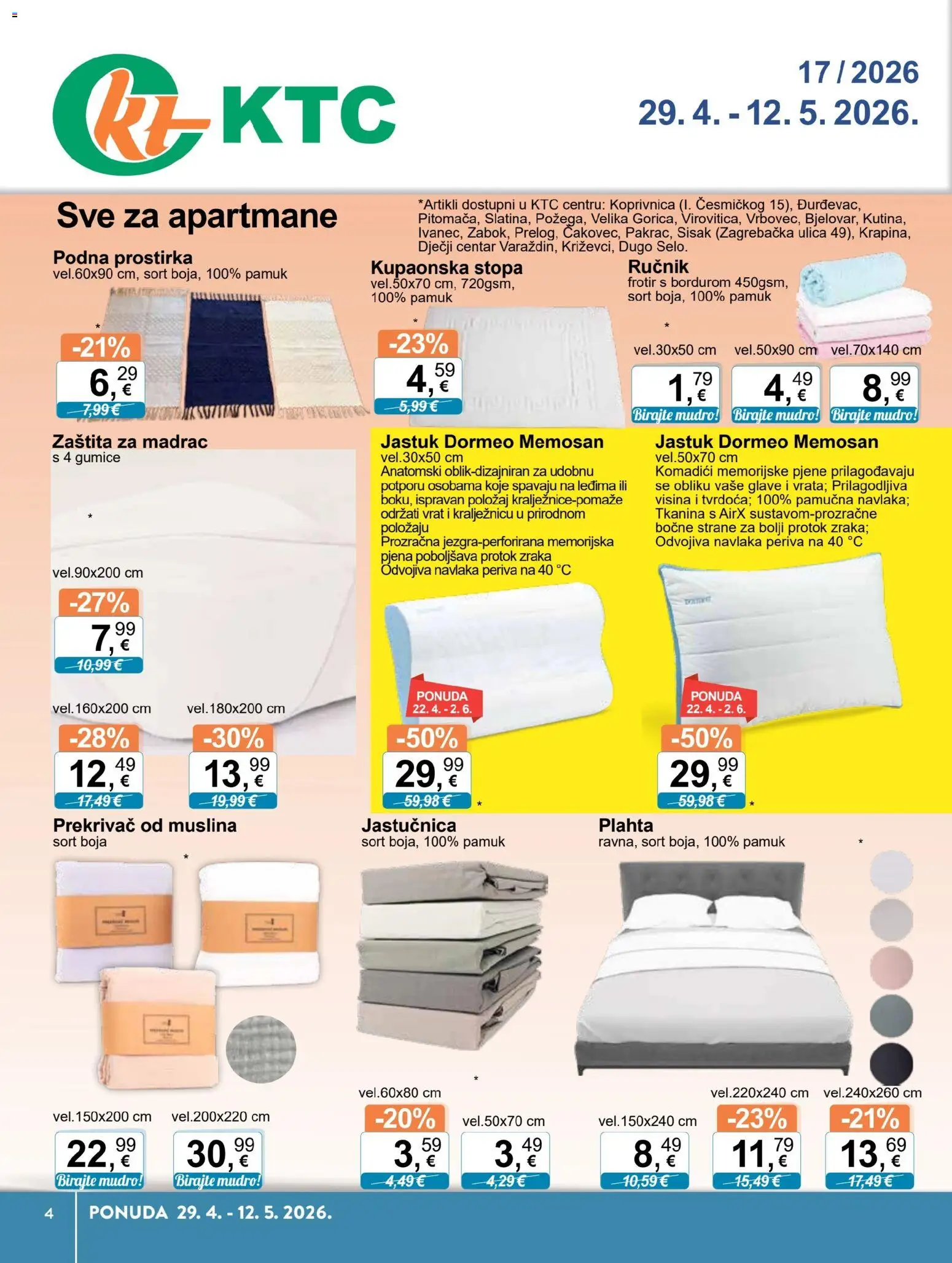 KTC katalog | vrijedi od 29.04.2026 | Stranica: 1 | Proizvodi: Madrac, Ručnik, Jastučnica, Plahta