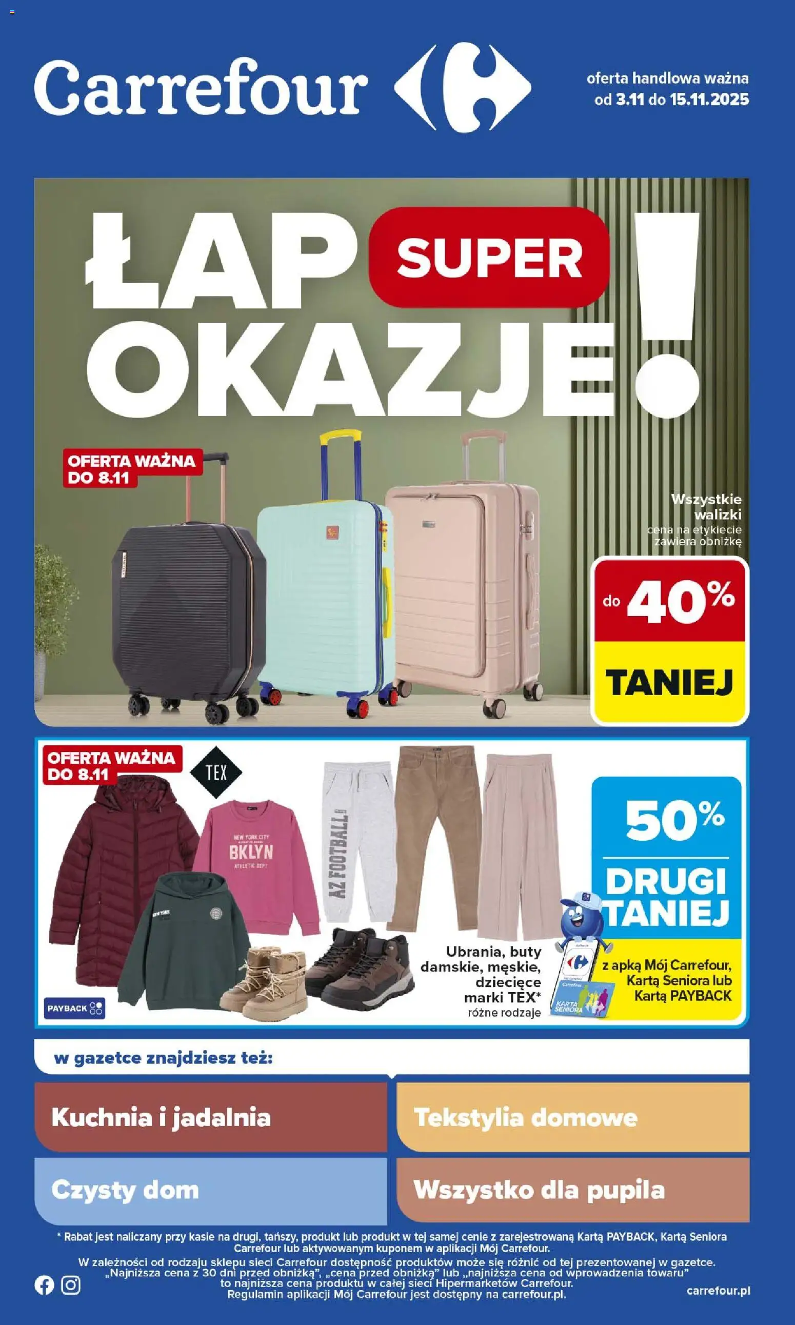 Carrefour Gazetka - Łap super okazje od 03.11.2025 | Strona: 1 | Produkty: Karta, Buty, Walizki, Tekstylia