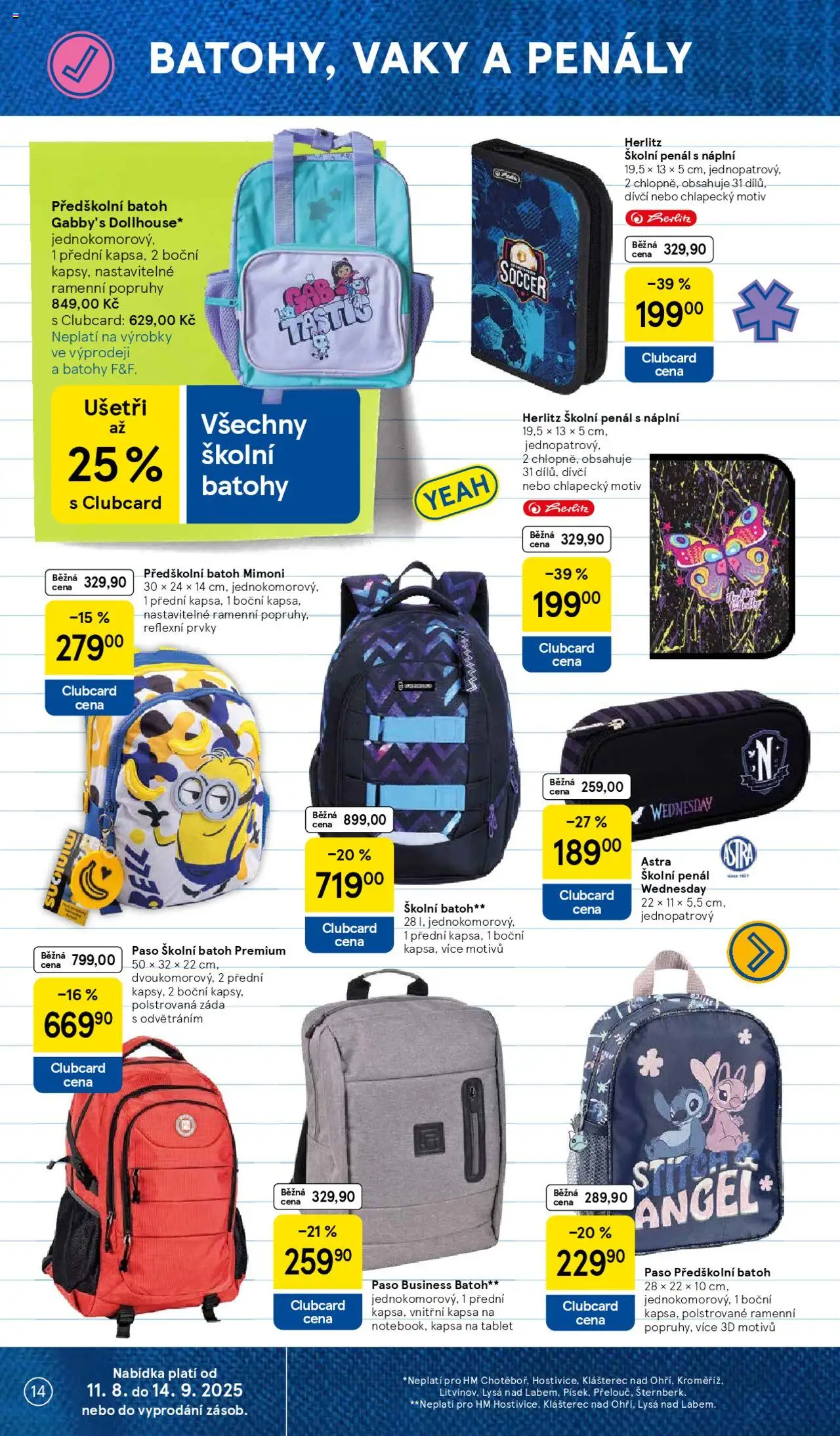 Tesco katalog od 11.08.2025 | Strana: 14 | Produkty: Penál, Batohy, Tablet, Mimoni