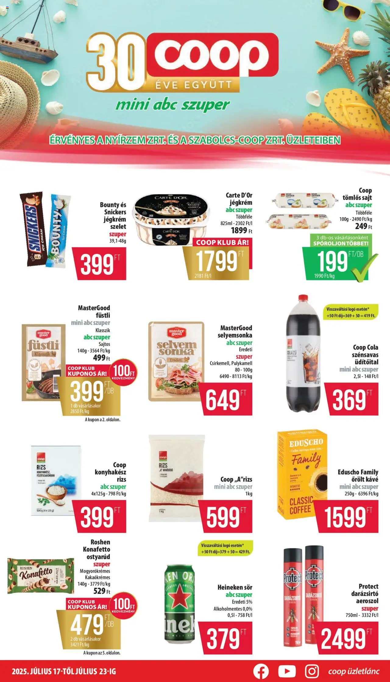 COOP akciós ujság - amely érvényes a következő dátumtól: 17.07.2025 | Oldal: 1 | Termékek: Cola, Snickers, Sör, Rizs