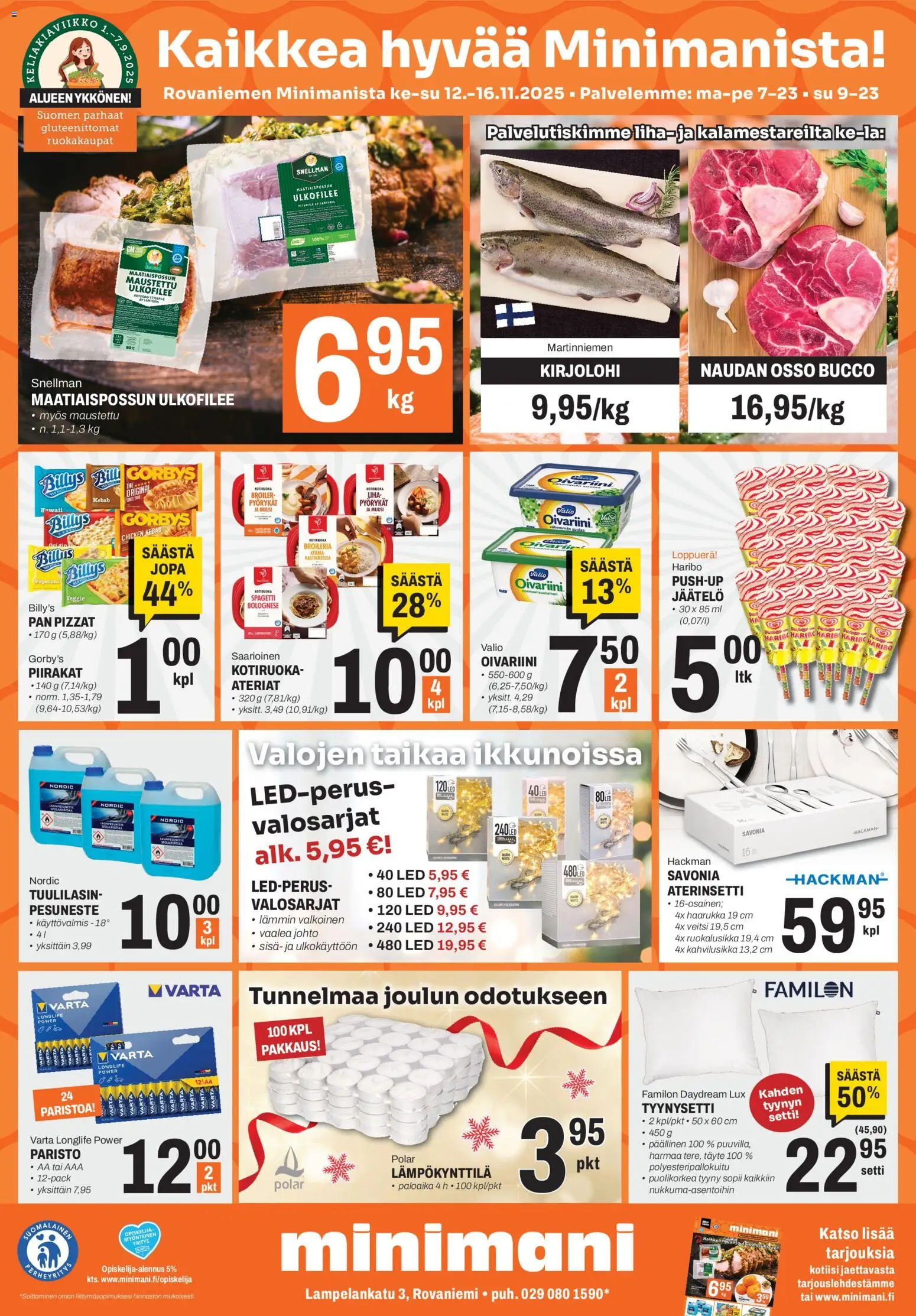 Minimani Tarjoukset - Rovaniemi – voimassa 12.11.2025 alkaen | Sivu: 1 | Tuotteet: Tyynysetti, Ruokalusikka, Pesuneste, Haarukka