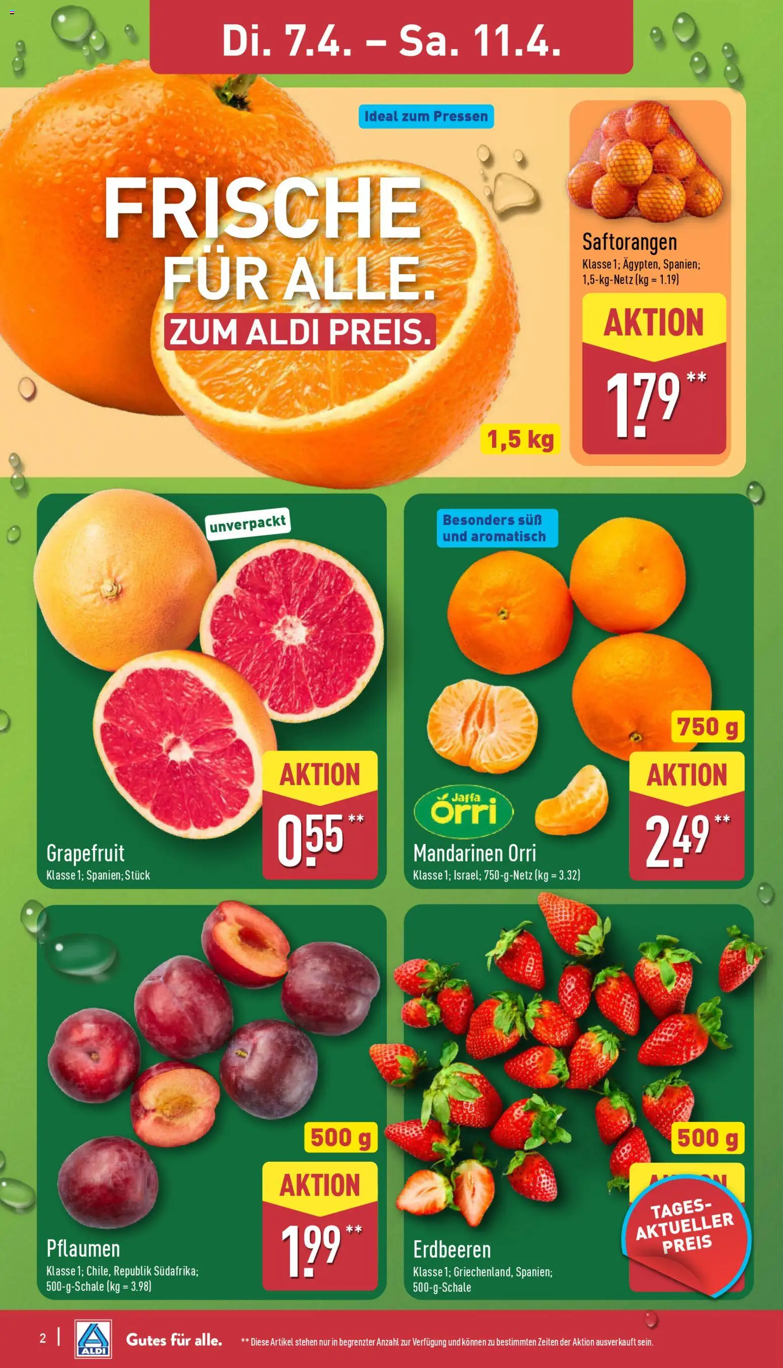 Aldi Prospekt 	 – gültig ab 07.04.2026 | Seite: 2 | Produkte: Pflaumen, Mandarinen, Grapefruit, Erdbeeren