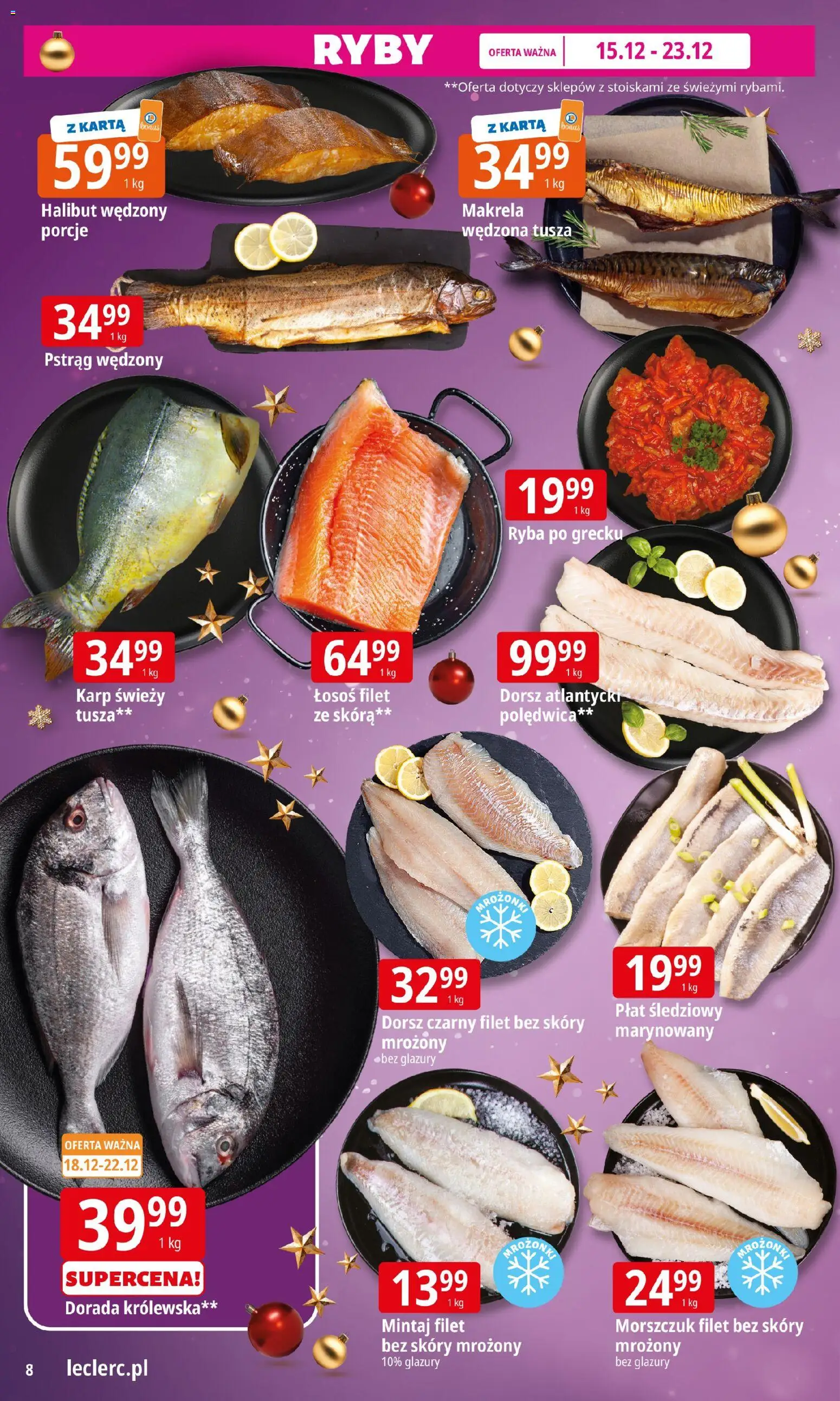 E.Leclerc Gazetka od 15.12.2025 | Strona: 8 | Produkty: Dorsz, Halibut, Łosoś, Ryba