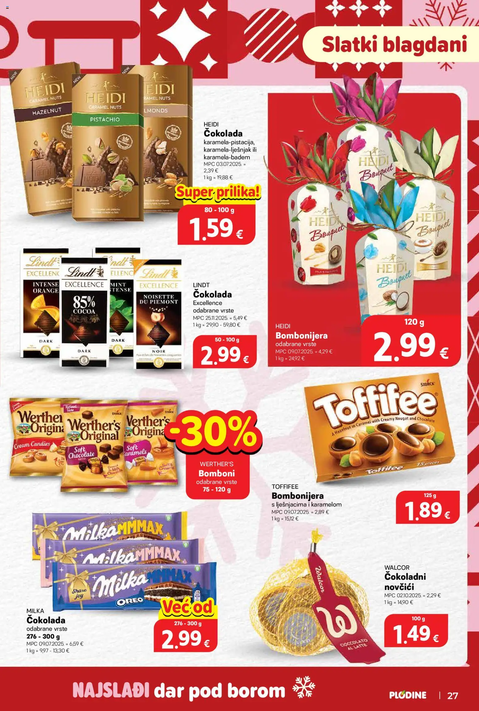 Plodine katalog | vrijedi od 11.12.2025 | Stranica: 27 | Proizvodi: Lindt, Bomboni, Bombonijera, Milka