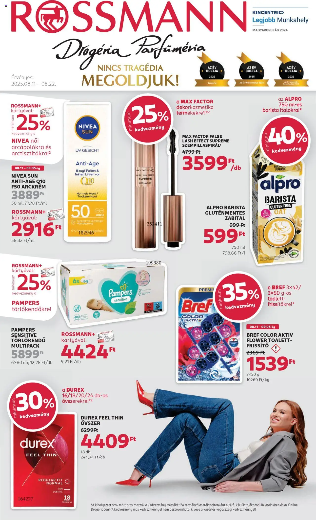 Rossmann akciós ujság - amely érvényes a következő dátumtól: 11.08.2025 | Oldal: 1 | Termékek: Pampers, Alpro, Törlőkendő, Óvszer