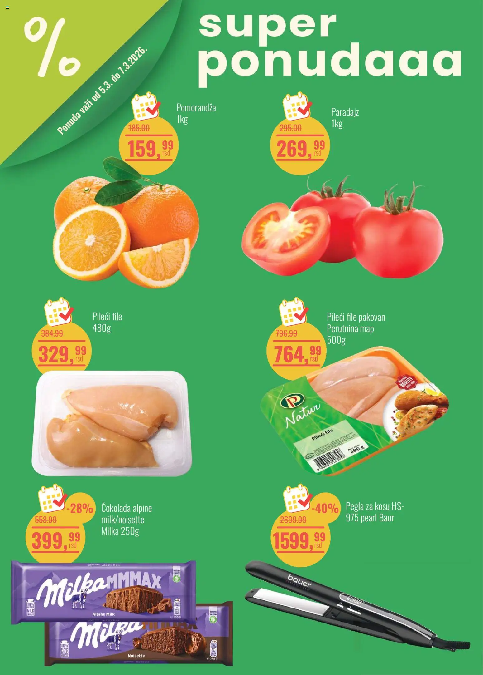 Aroma Market katalog - važi od 05.03.2026 | Strana: 1 | Proizvode: Pileći file, Pomorandza, Čokolada, Paradajz